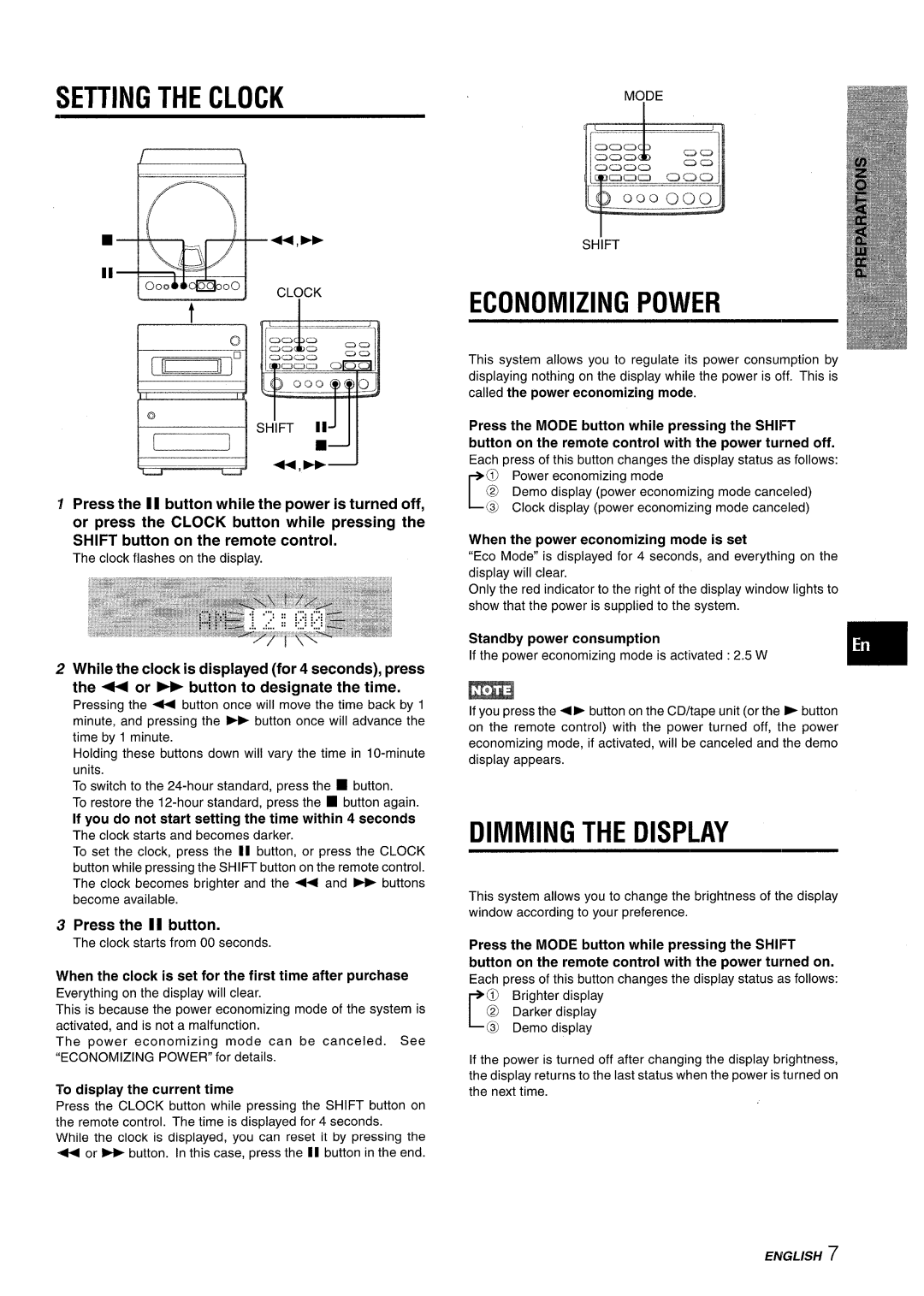 Aiwa XR-M88 manual Setting the Clock, Economizing Power, Dimming the Display 