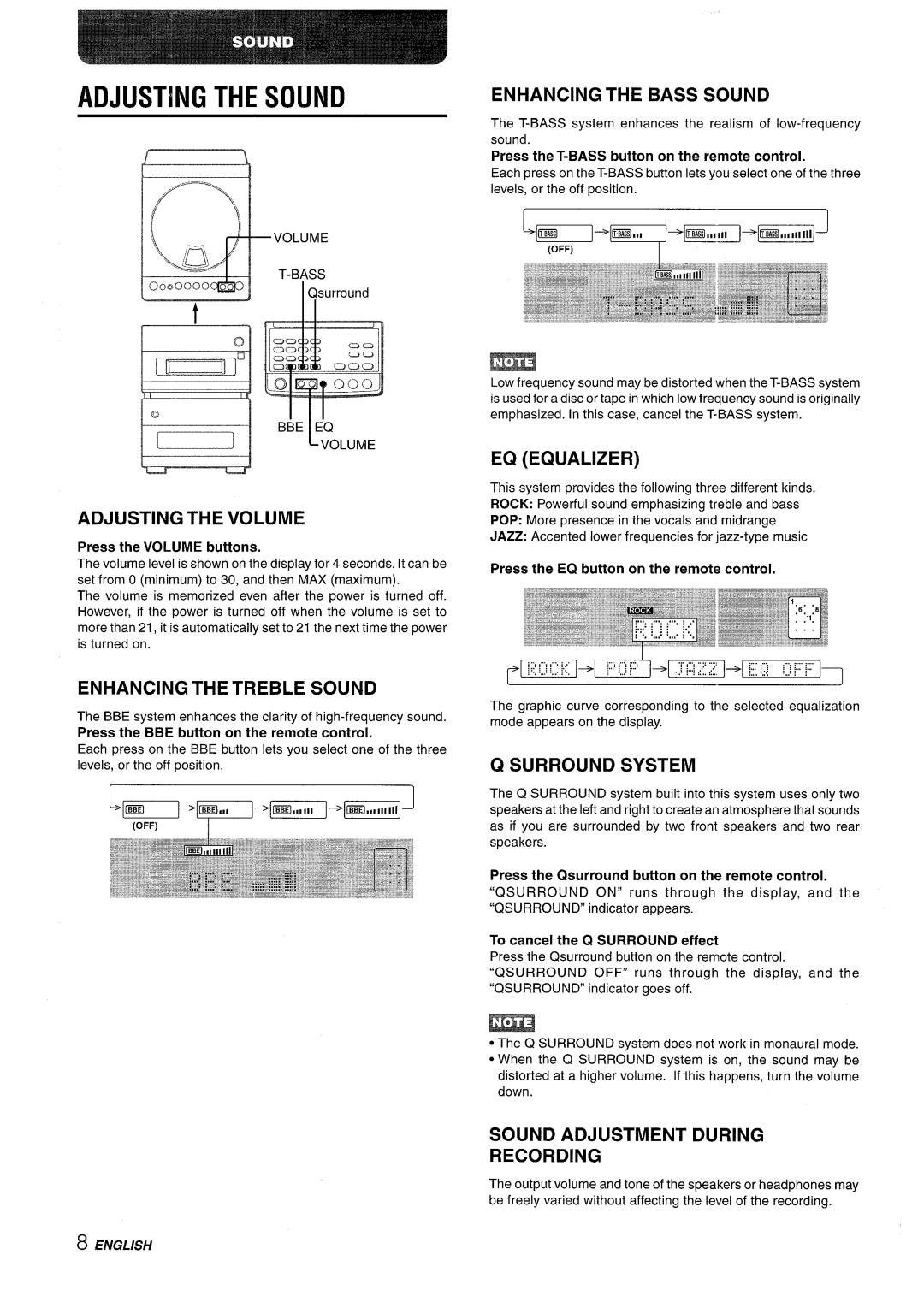 Aiwa XR-M88 manual Adjusting the Sound, ‘@GiiJ’EEiiiiP 