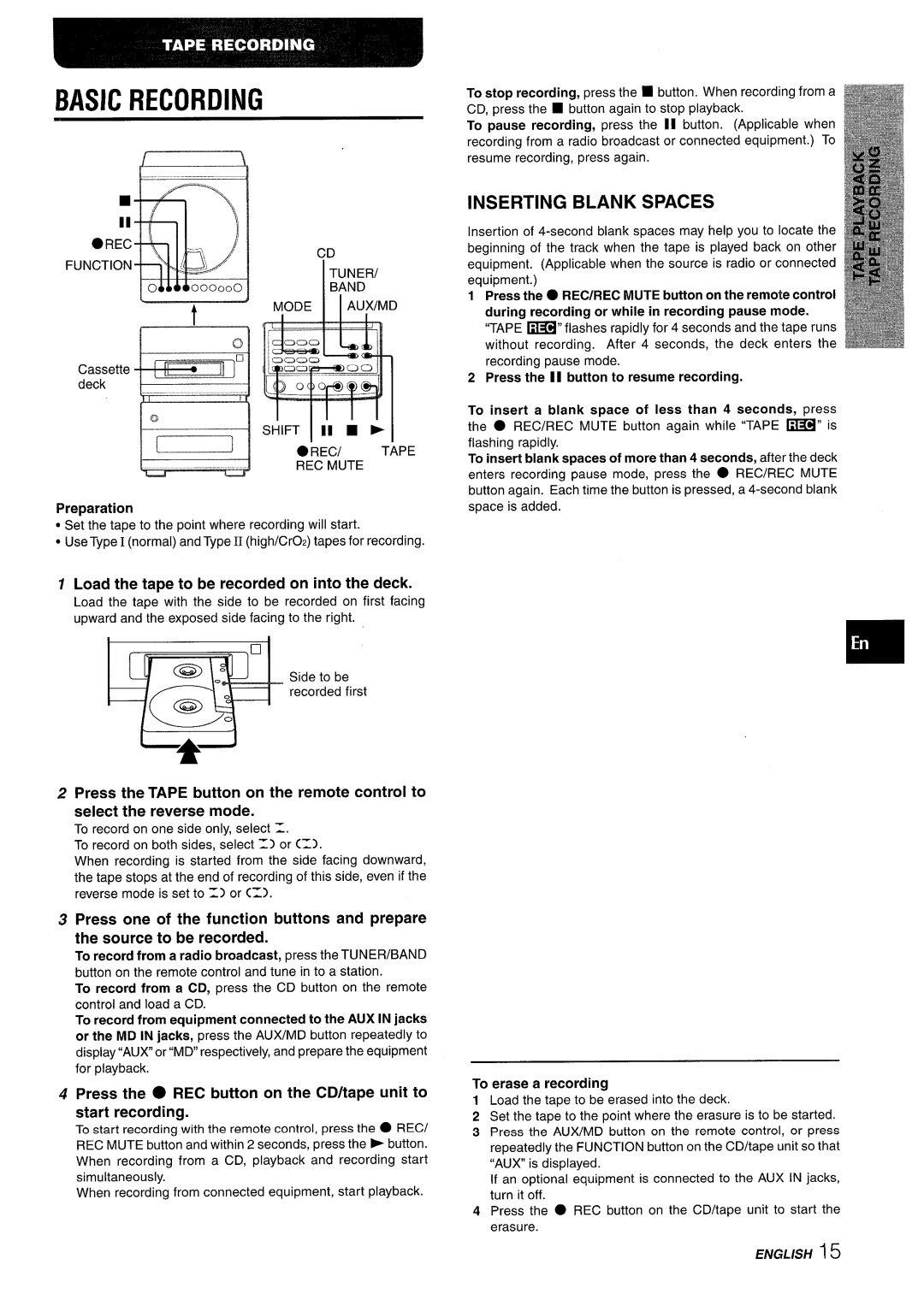 Aiwa XR-M88 manual Basic Recording, Inserting Blank Spaces, Load the tape to be recorded on into the deck, Preparation 