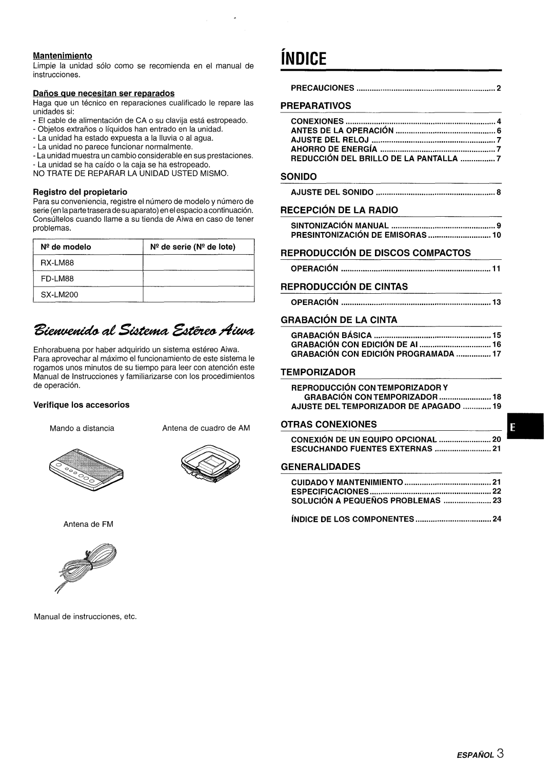 Aiwa XR-M88 manual Indice, Registro del propietario, Preparatives, Sonido, Recepcion, De La Radio, Reproduction, De Discos 