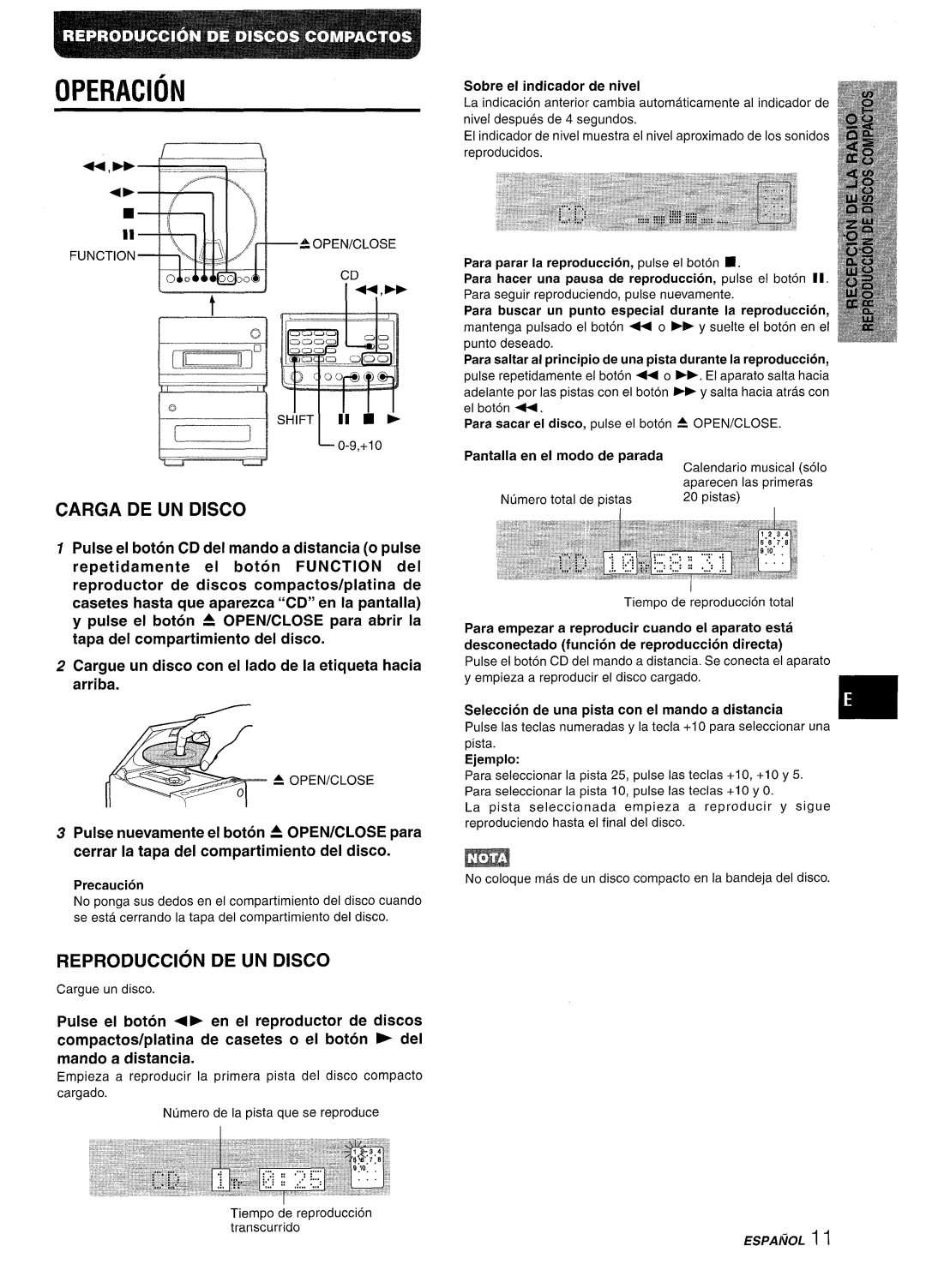 Aiwa XR-M88 manual Operacion, Carga De Un Disco, Reproduction De Un Disco, Pulse el boton CD del mando a distancia o pulse 
