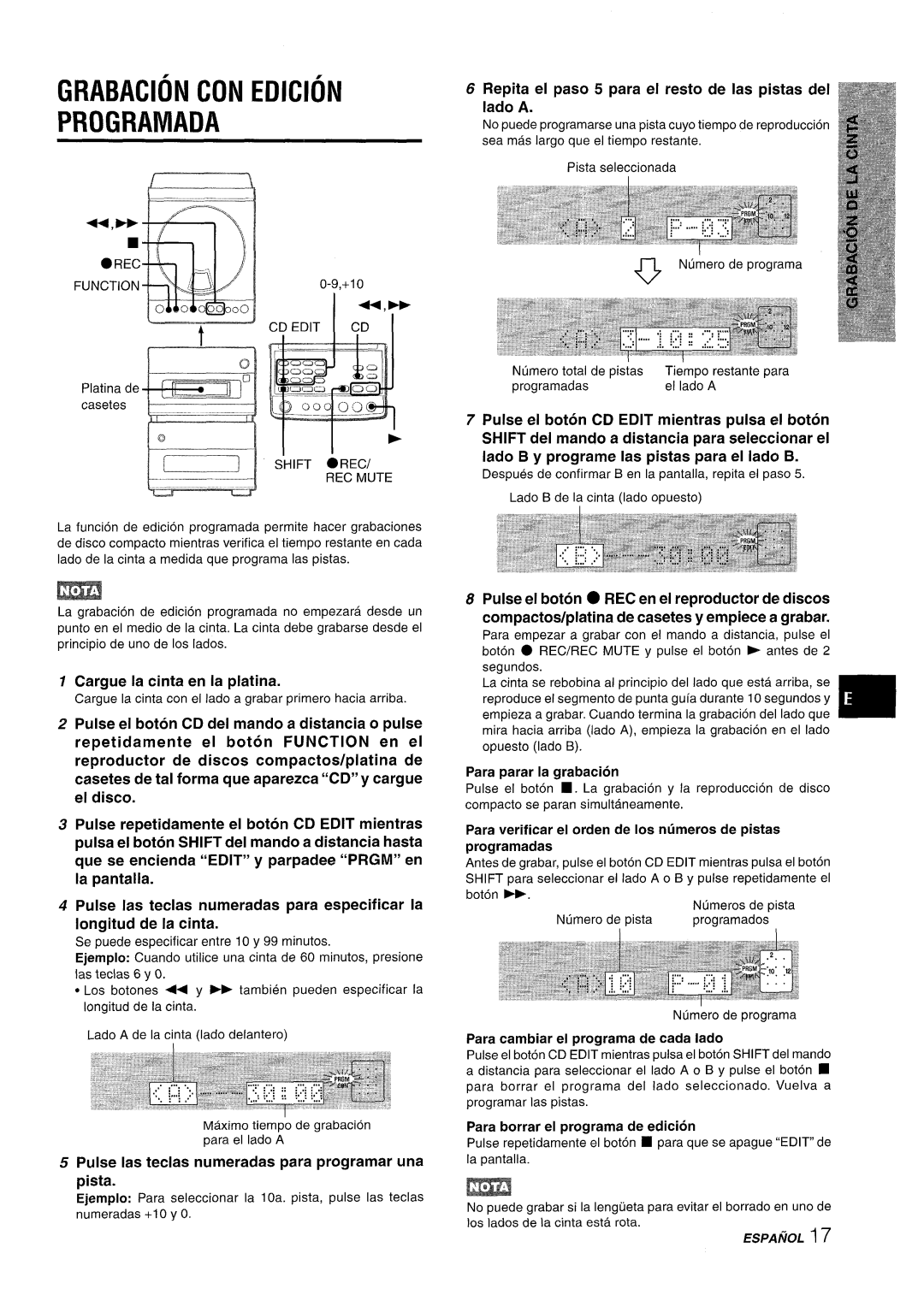 Aiwa XR-M88 manual Grabacion Con Edicion Programada L, Repita el paso 5 para el resto de Ias pistas del Iado A, I I b 