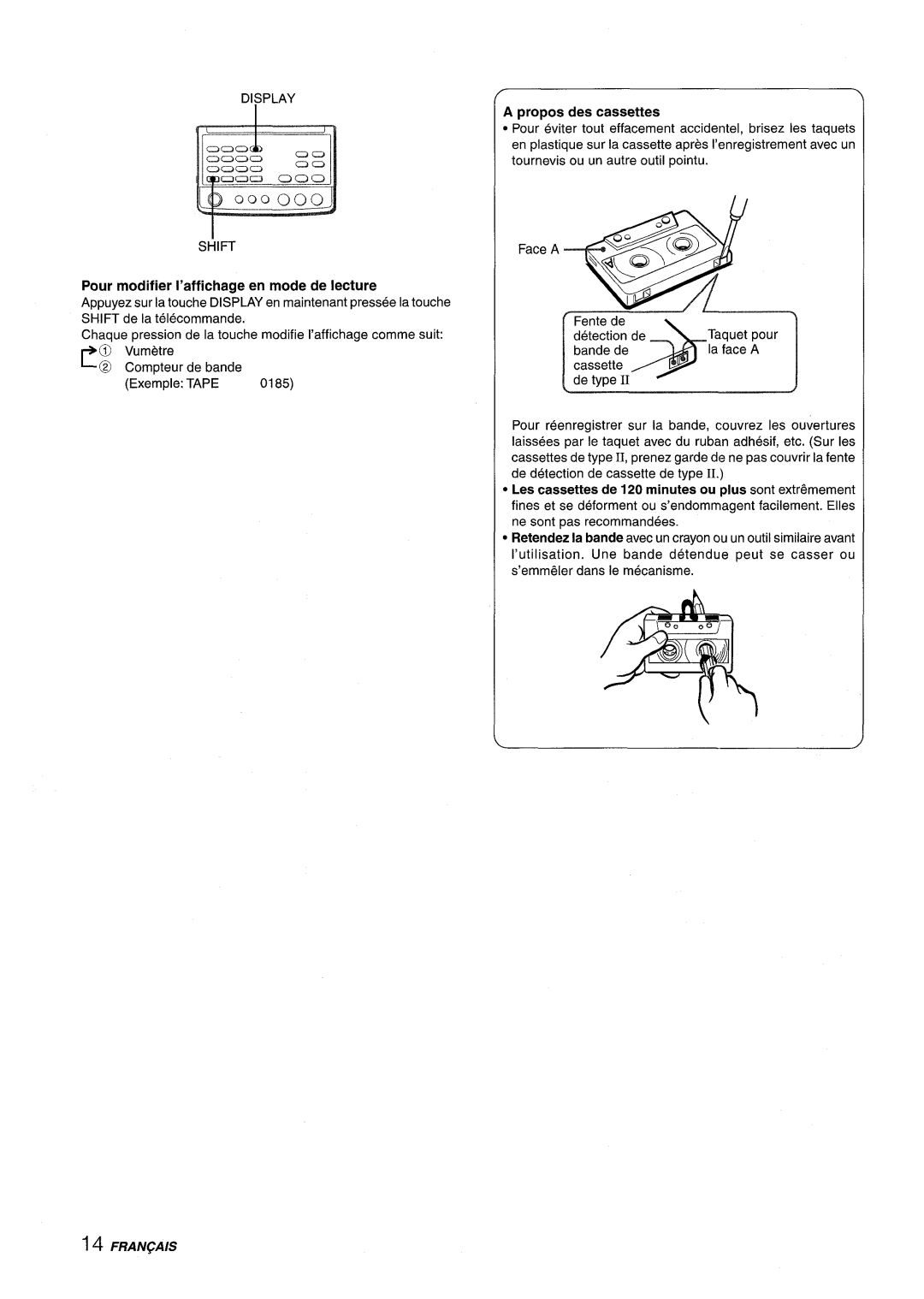 Aiwa XR-M88 manual A propos des cassettes, Fran~Ais, Pour modifier I’affichage en mode de lecture 