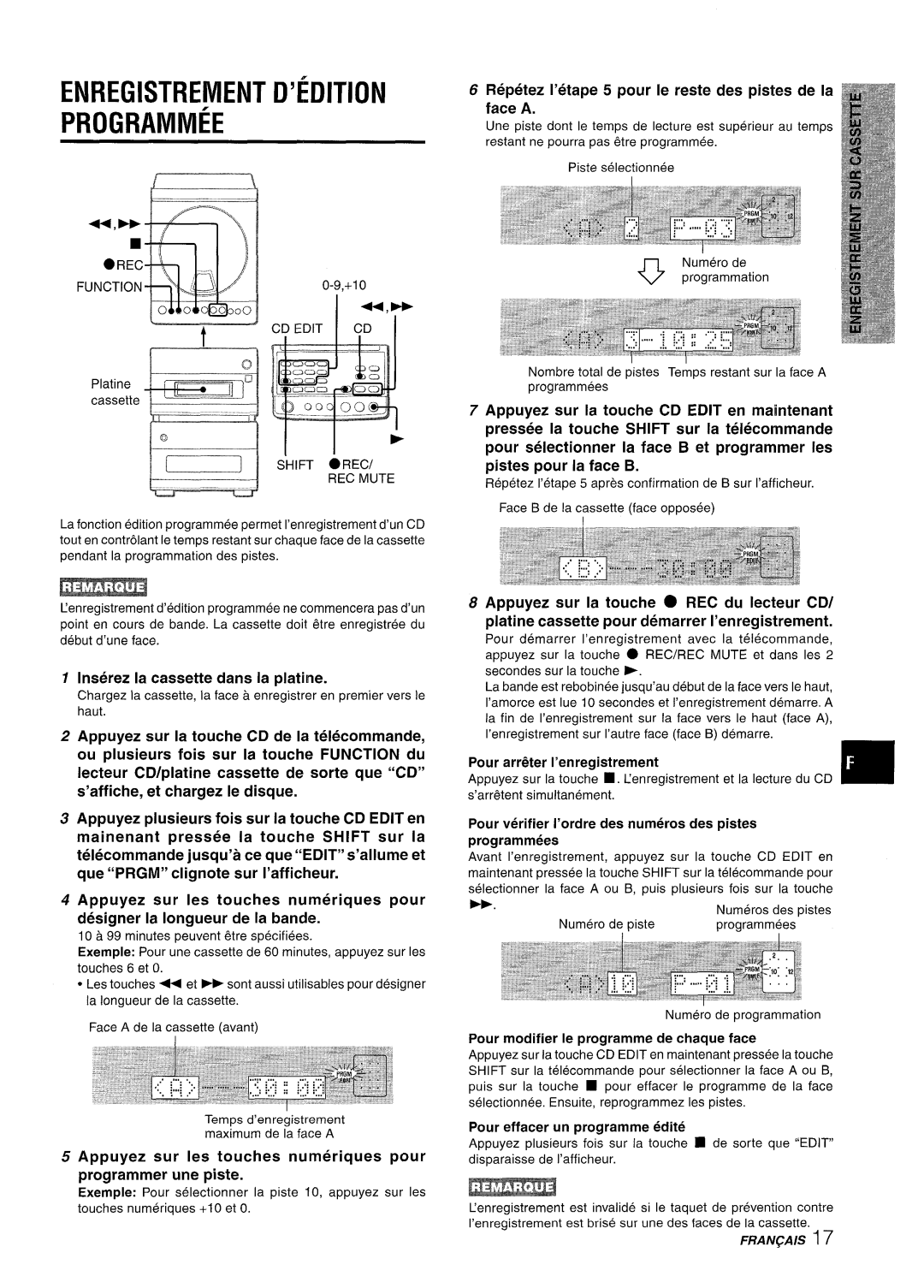 Aiwa XR-M88 manual ENREGISTREMENT D’fDITION PROGRAMMED, Appuyez plusieurs fois sur la touche CD EDIT en 