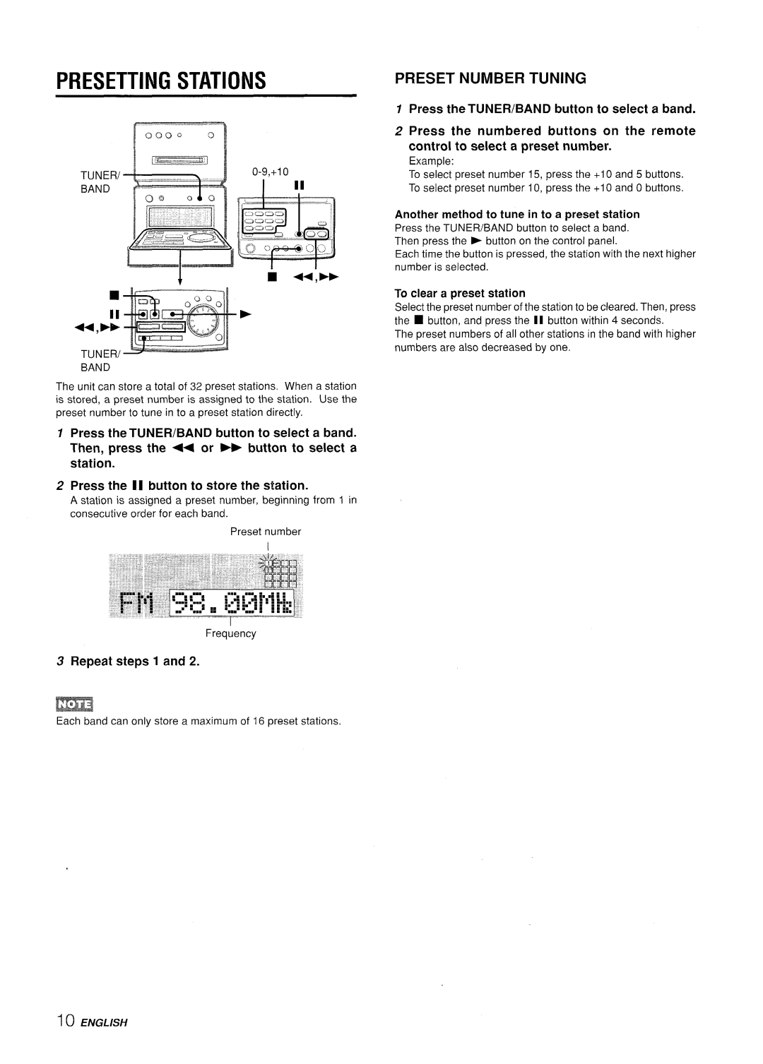 Aiwa XR-MD95 manual Presetting Stations, Preset Number Tuning, Repeat steps 1, Band Tuner 