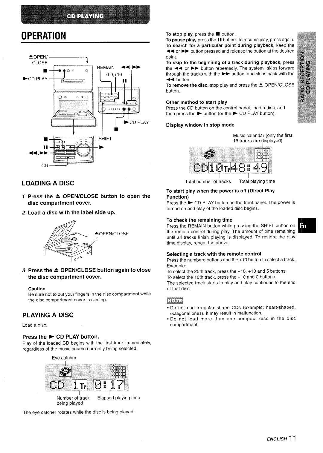 Aiwa XR-MD95 manual Operation, Loading a Disc, Playing a Disc, Load a disc with the label side up, Press the CD Play button 