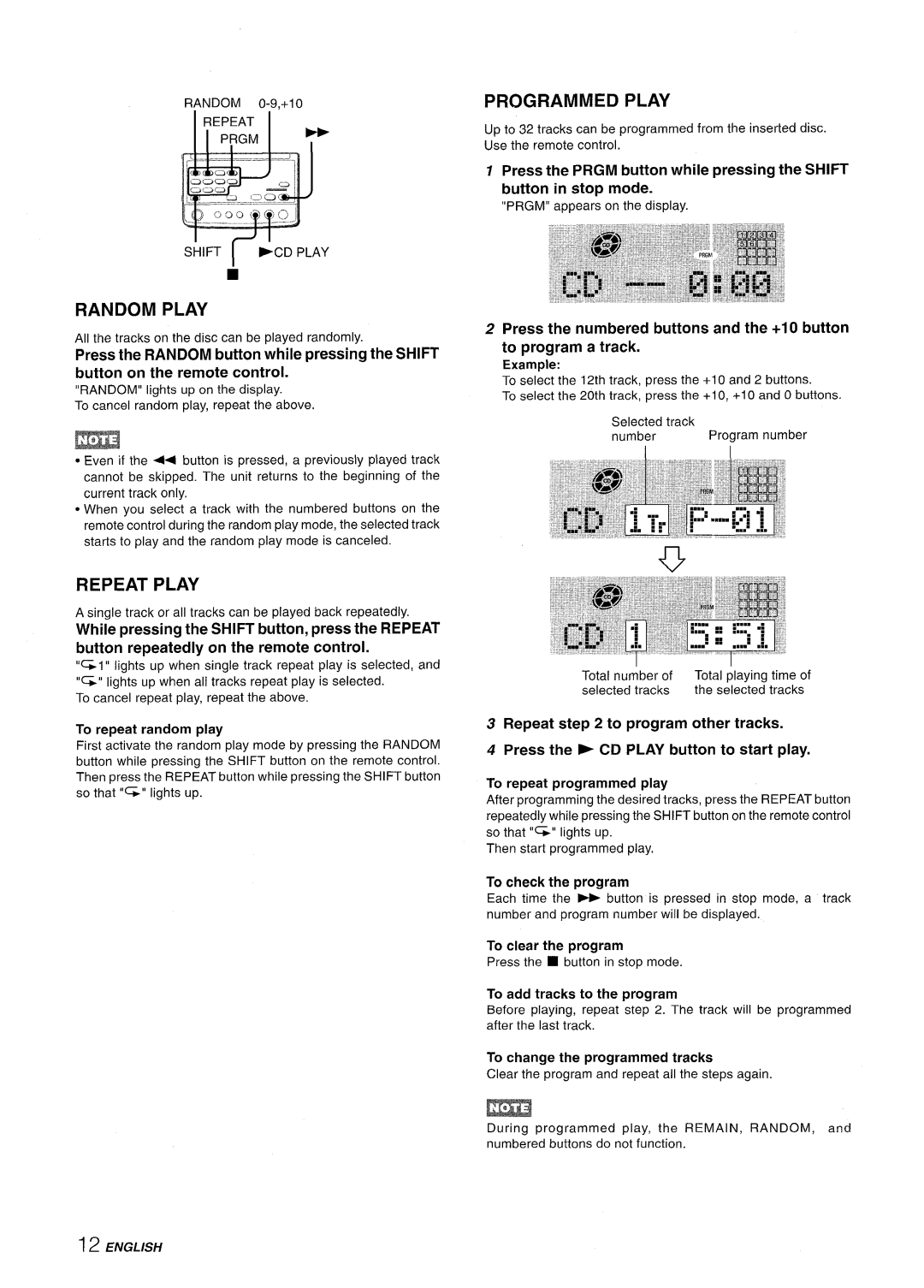 Aiwa XR-MD95 manual Random Play, Repeat Play, Programmed Play, To clear the program, Shift I -CD Play 