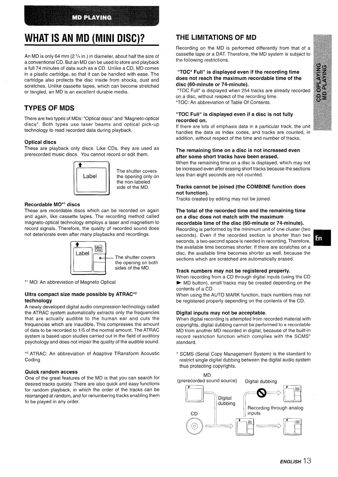 Aiwa XR-MD95 manual What is AN MD Mini DISC?, Types of MDS, Limitations of MD, Quick random access 