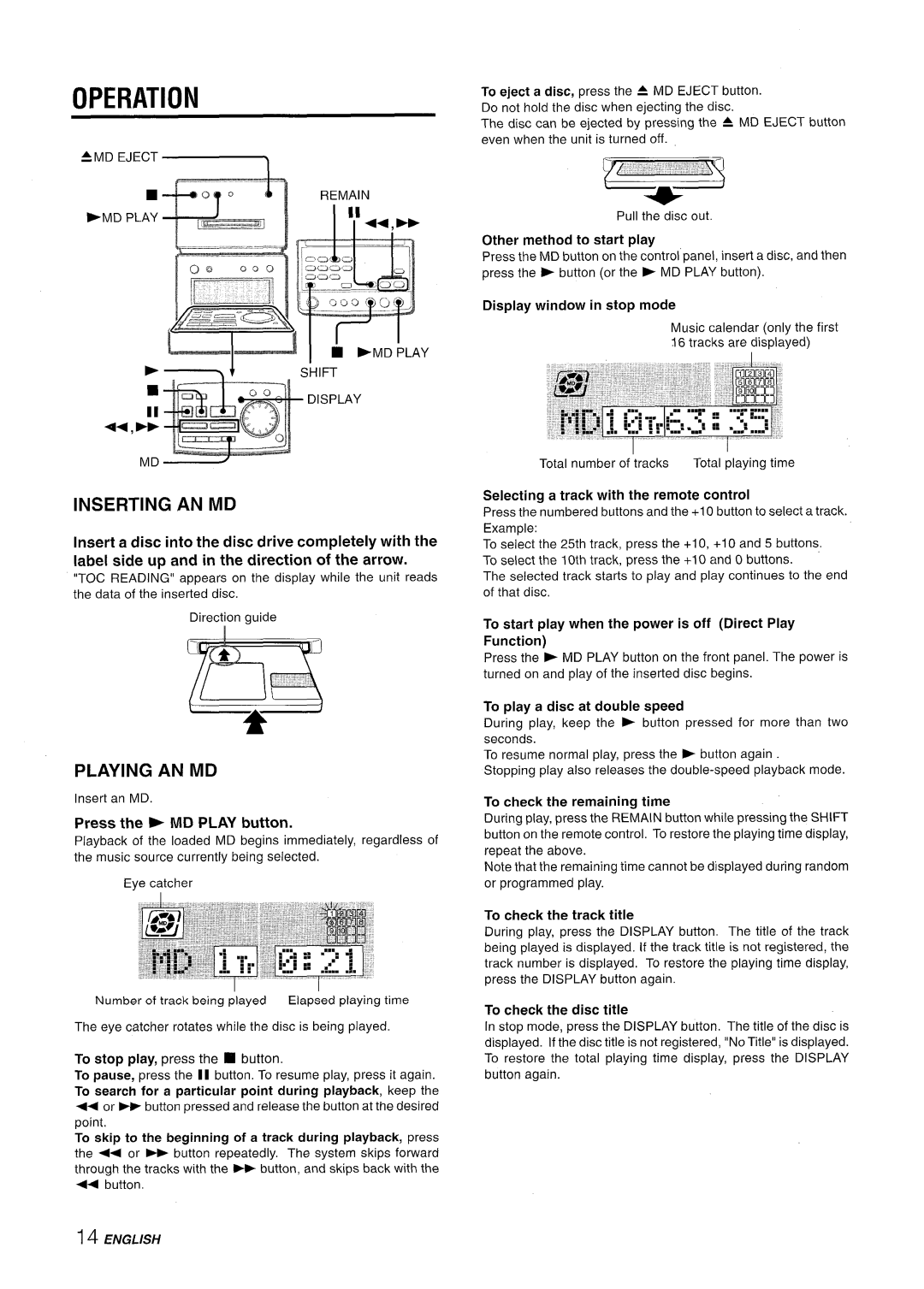 Aiwa XR-MD95 manual Inserting AN MD, Playing AN MD, Press the MD Play button 