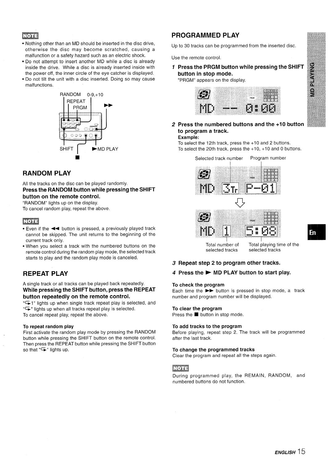 Aiwa XR-MD95 manual To repeat random play, Example, To check the program, To clear the program, Shift I *MD Play 