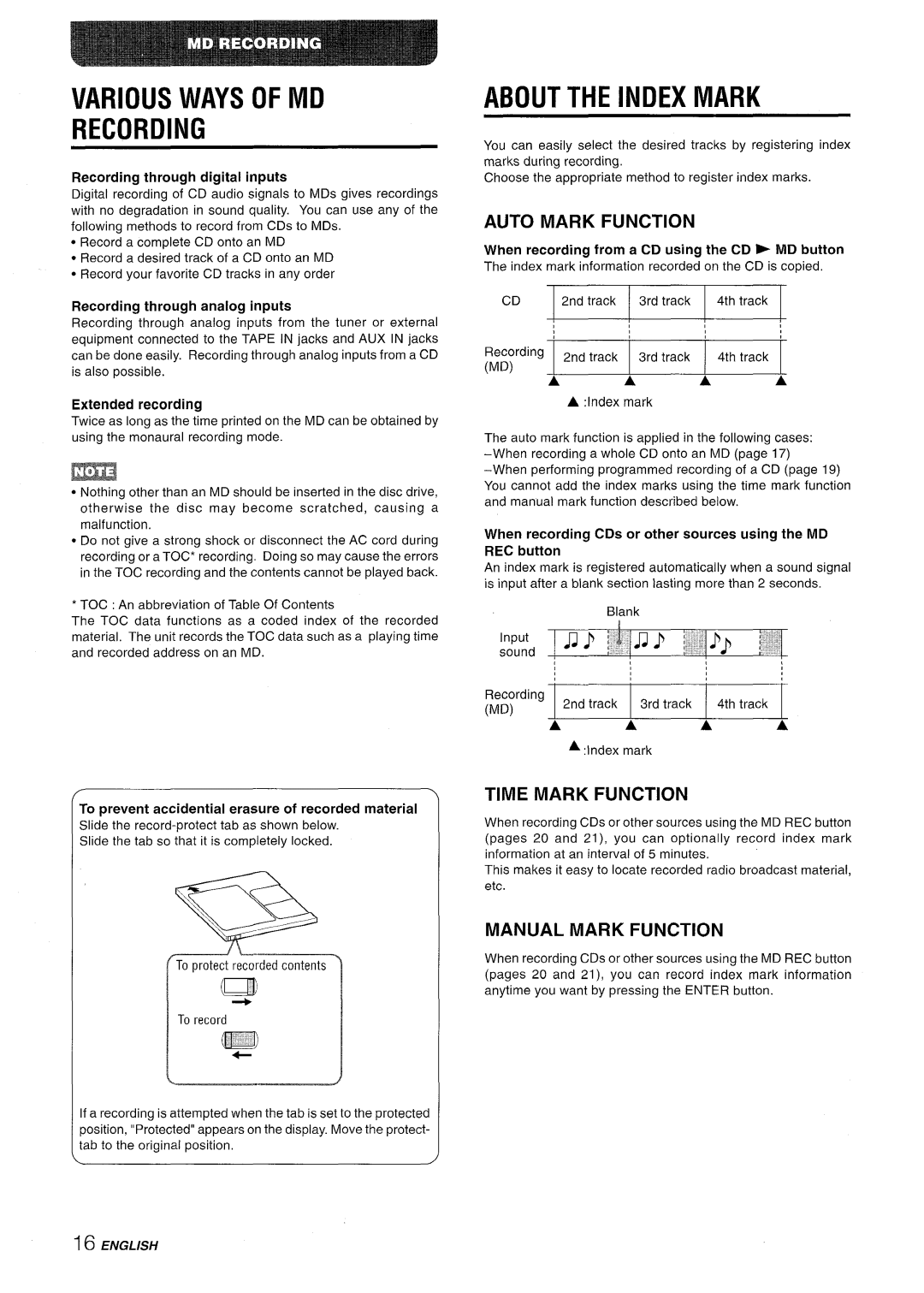 Aiwa XR-MD95 manual Various Ways of MD Recording, About the Index Mark, Auto Mark Function, Time Mark Function 