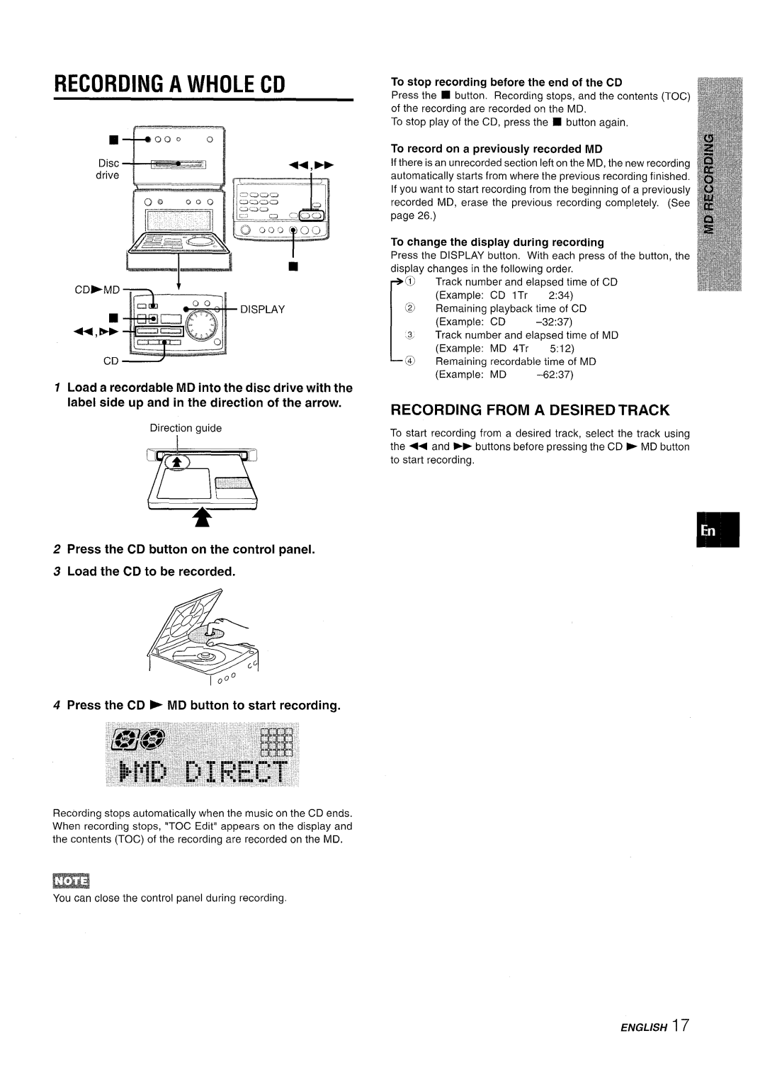 Aiwa XR-MD95 manual Recording a Whole CD, Recording from a Desired Track, To record on a previously recorded MD 