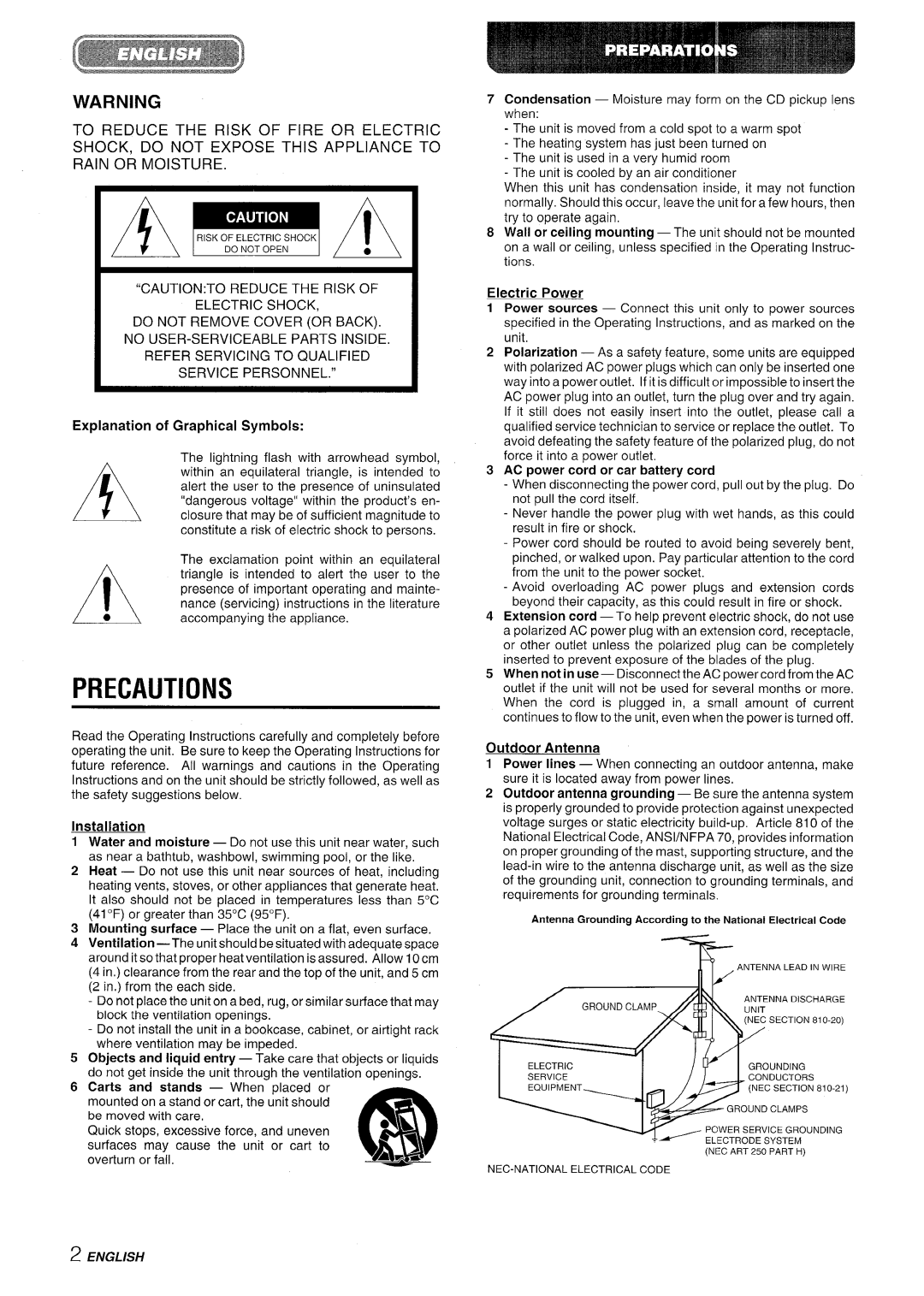 Aiwa XR-MD95 manual Precautions, Electric Shock, Be moved with care 