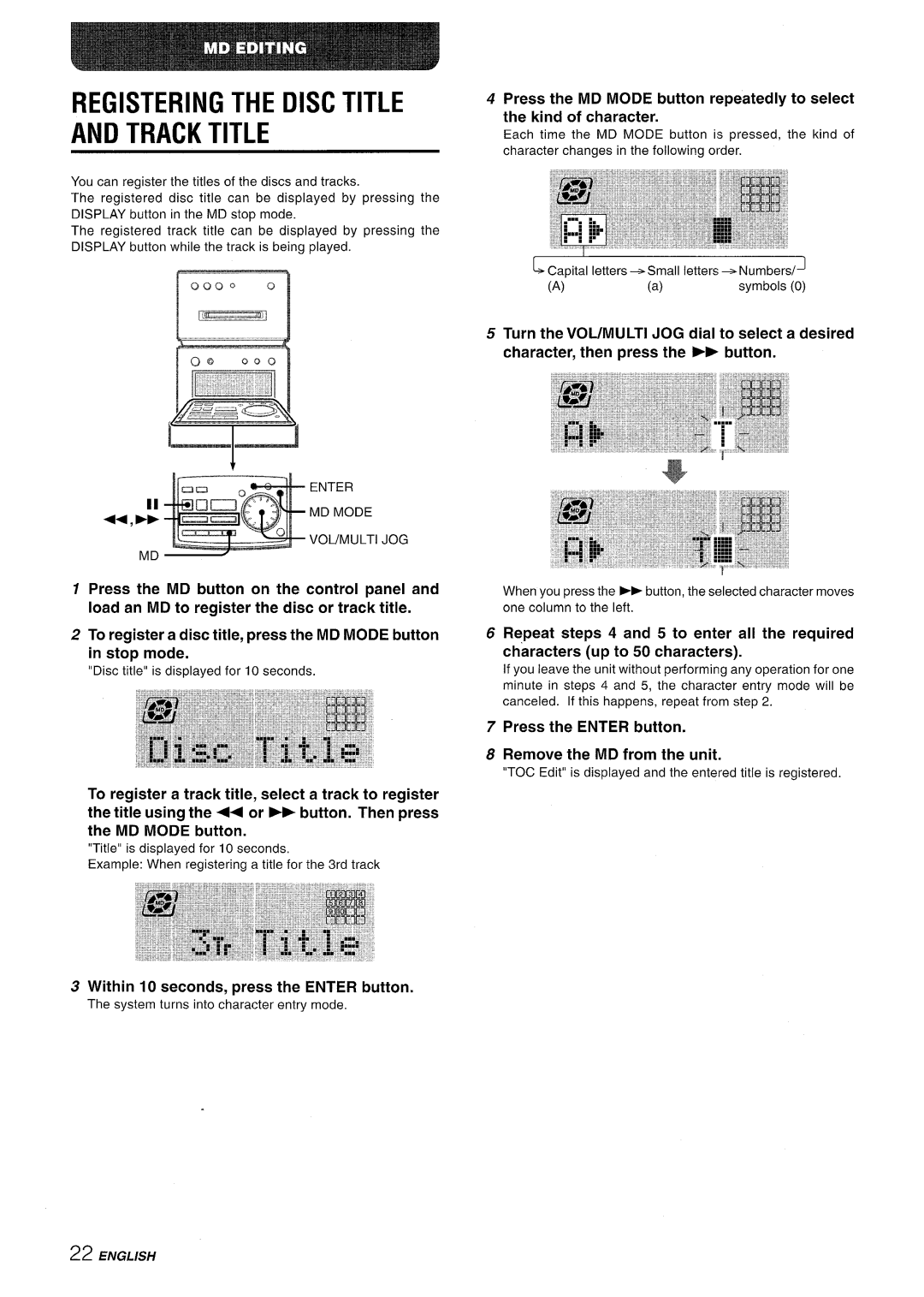 Aiwa XR-MD95 manual Registering the Disc Title Track Title, 0000, Within 10 seconds, press the Enter button 