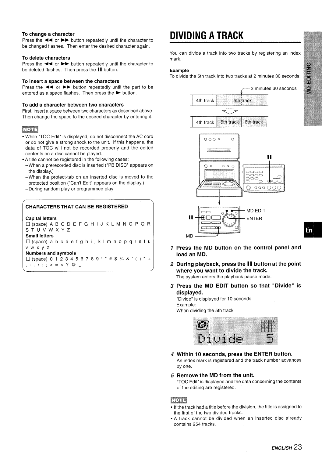 Aiwa XR-MD95 manual Dividing a Track, Press the MD Edit button so that Divide is displayed 