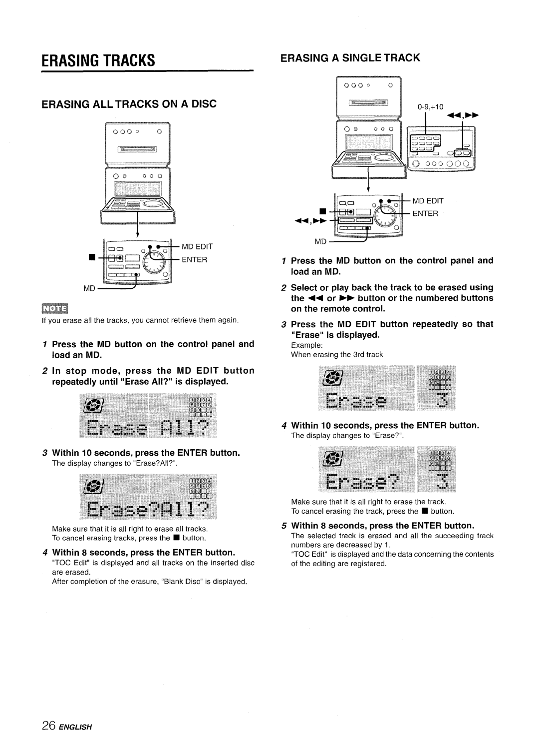 Aiwa XR-MD95 manual Erasing Tracks, Erasing ALL Tracks on a Disc, Erasing a Single Track 