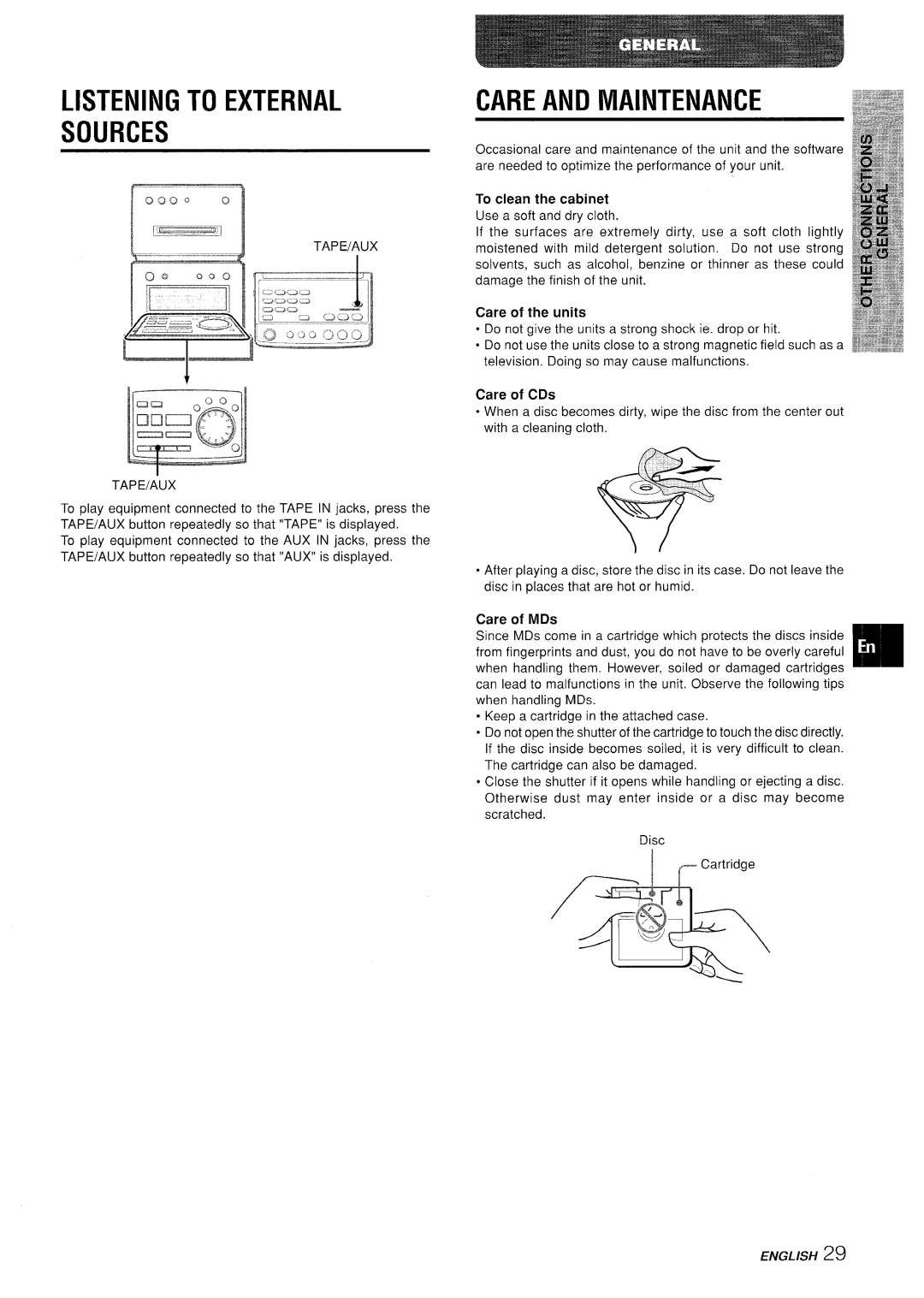 Aiwa XR-MD95 manual Listening to External Sources, Care and Maintenance 