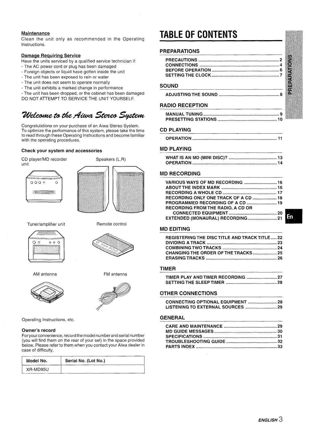 Aiwa XR-MD95 manual Table of Contents 