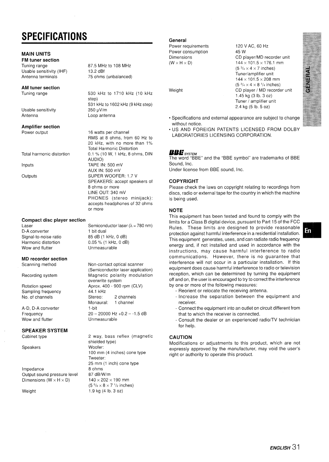 Aiwa XR-MD95 manual Specifications 