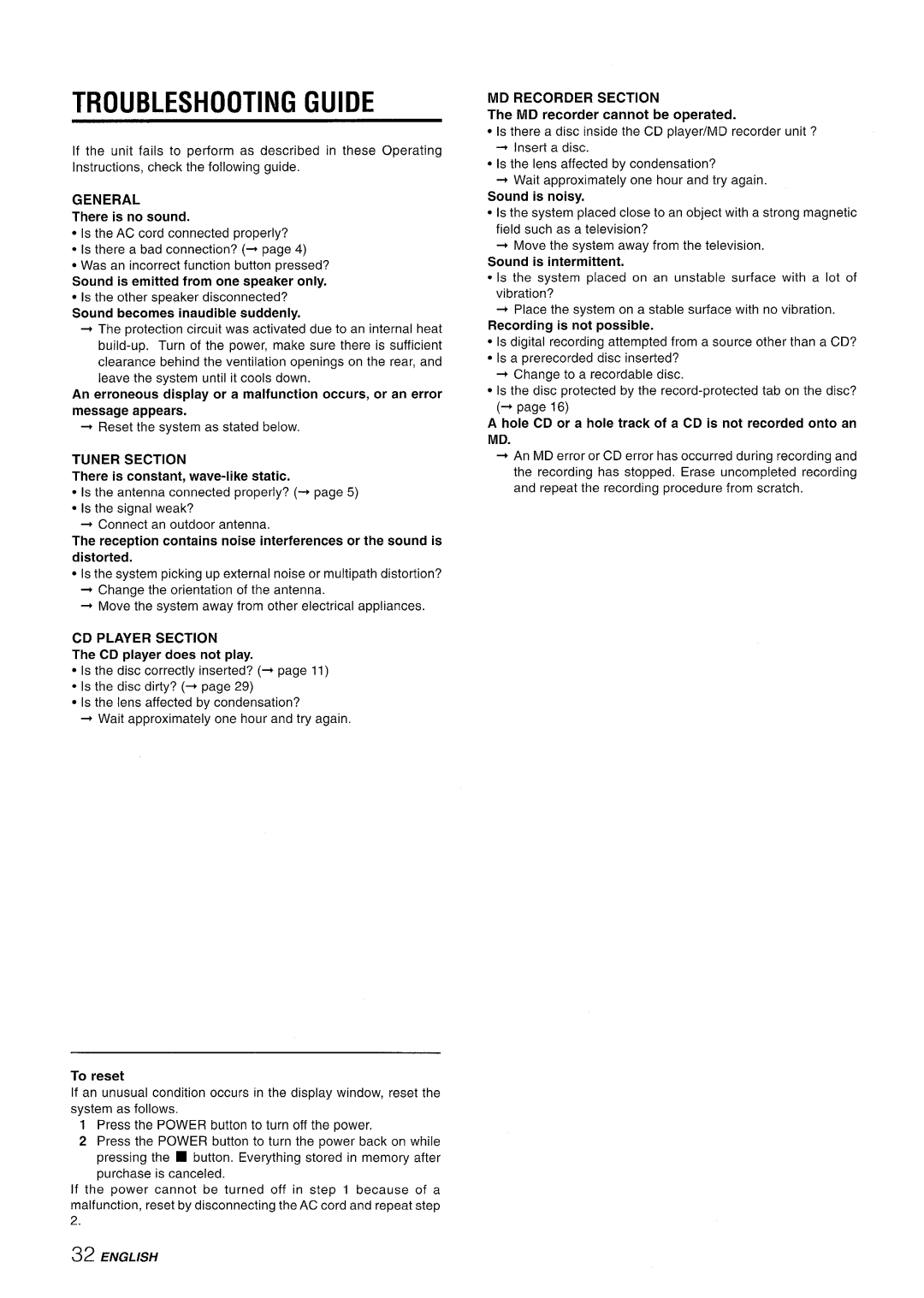 Aiwa XR-MD95 manual Troubleshooting Guide 