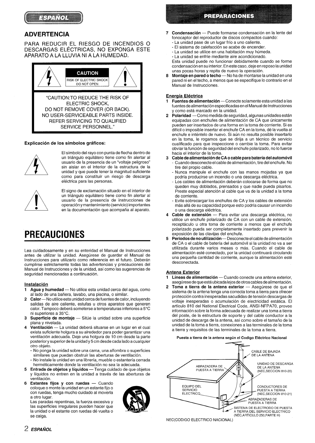 Aiwa XR-MD95 manual Precauciones, Advertencia, Explication De Ios simbolos graficos, Instalacion, Antena Exterior 