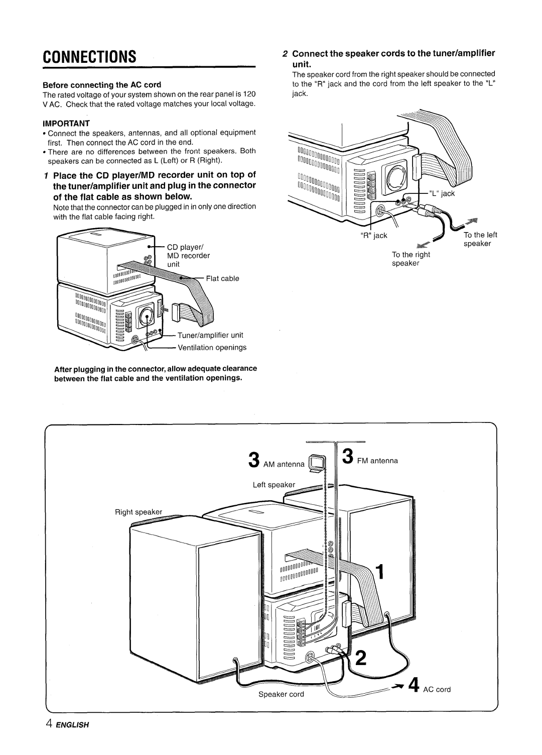 Aiwa XR-MD95 manual Connections, Connect the speaker cords to the tuner/amplifier unit 