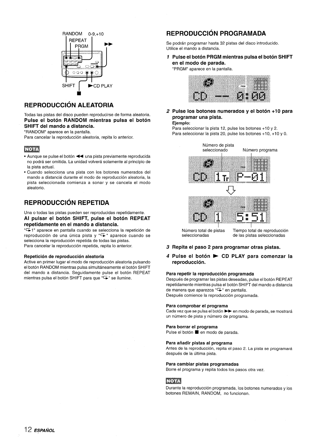 Aiwa XR-MD95 manual Reproduction Aleatoria, Reproduction Repetida, Reproduction Programada 