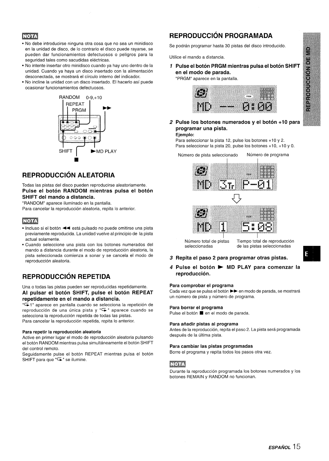 Aiwa XR-MD95 manual Repita el paso 2 para programar otras pistas, Shift I -MD Play, Para repetir la reproduction aleatoria 