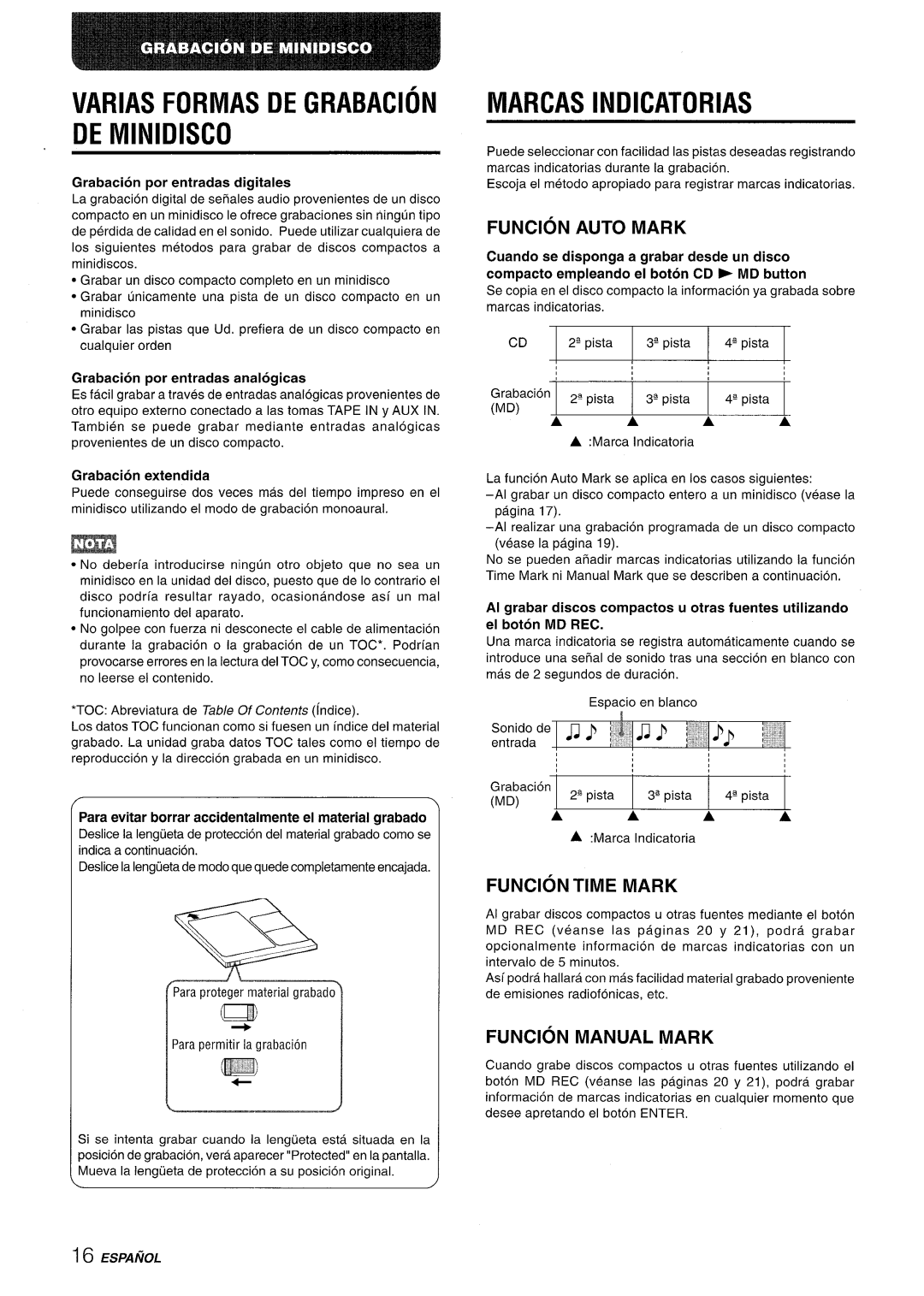 Aiwa XR-MD95 manual Varias Formas DE Grabacion DE Minidisco, Marcas Indicatorias, Funcion Auto Mark, Funcion Time Mark 