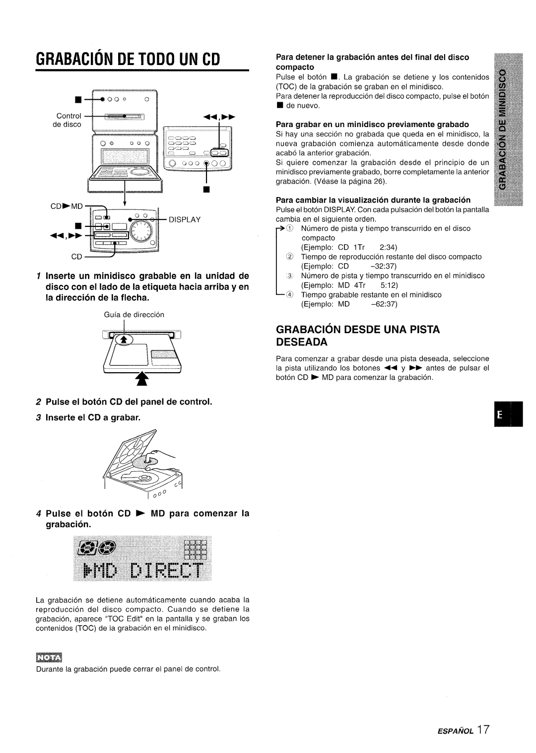 Aiwa XR-MD95 Grabacion DE Todo UN CD, Grabacion Desde UNA Pista Deseada, Para grabar en un minidisco previamente grabado 