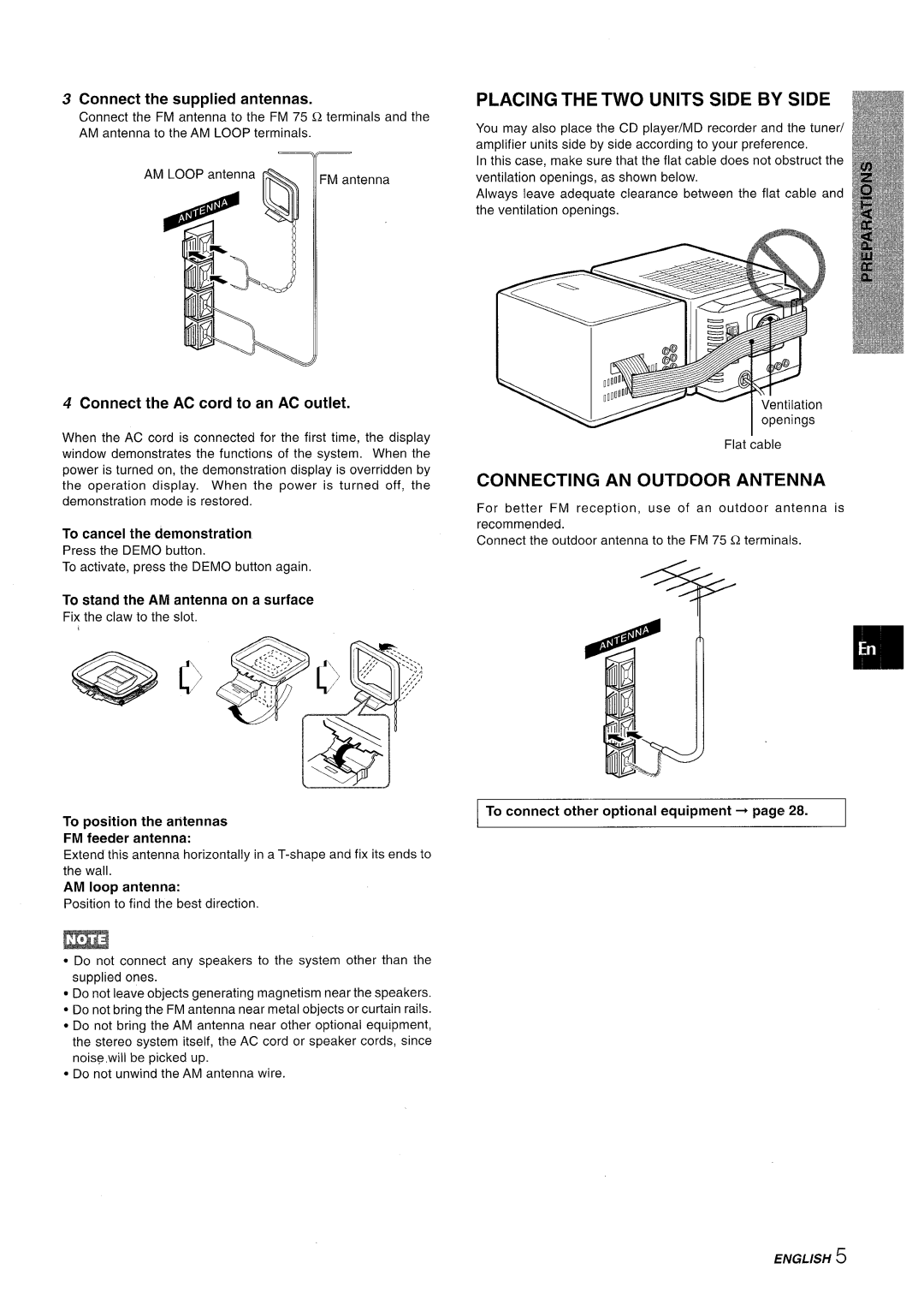 Aiwa XR-MD95 manual Placing the TWO Units Side by Side, Connecting AN Outdoor Antenna, Connect thesupplied antennas 