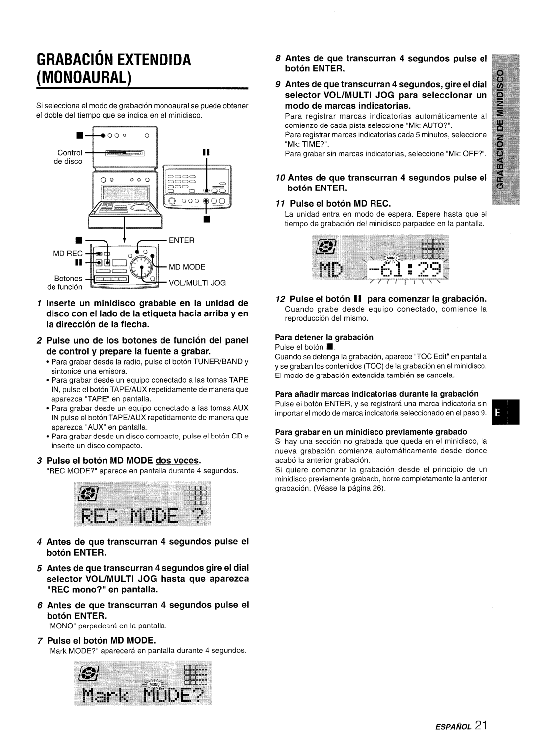 Aiwa XR-MD95 manual Grabacion Extendida Ovionoaufw, Pulse el boton MD Mode dos veces 