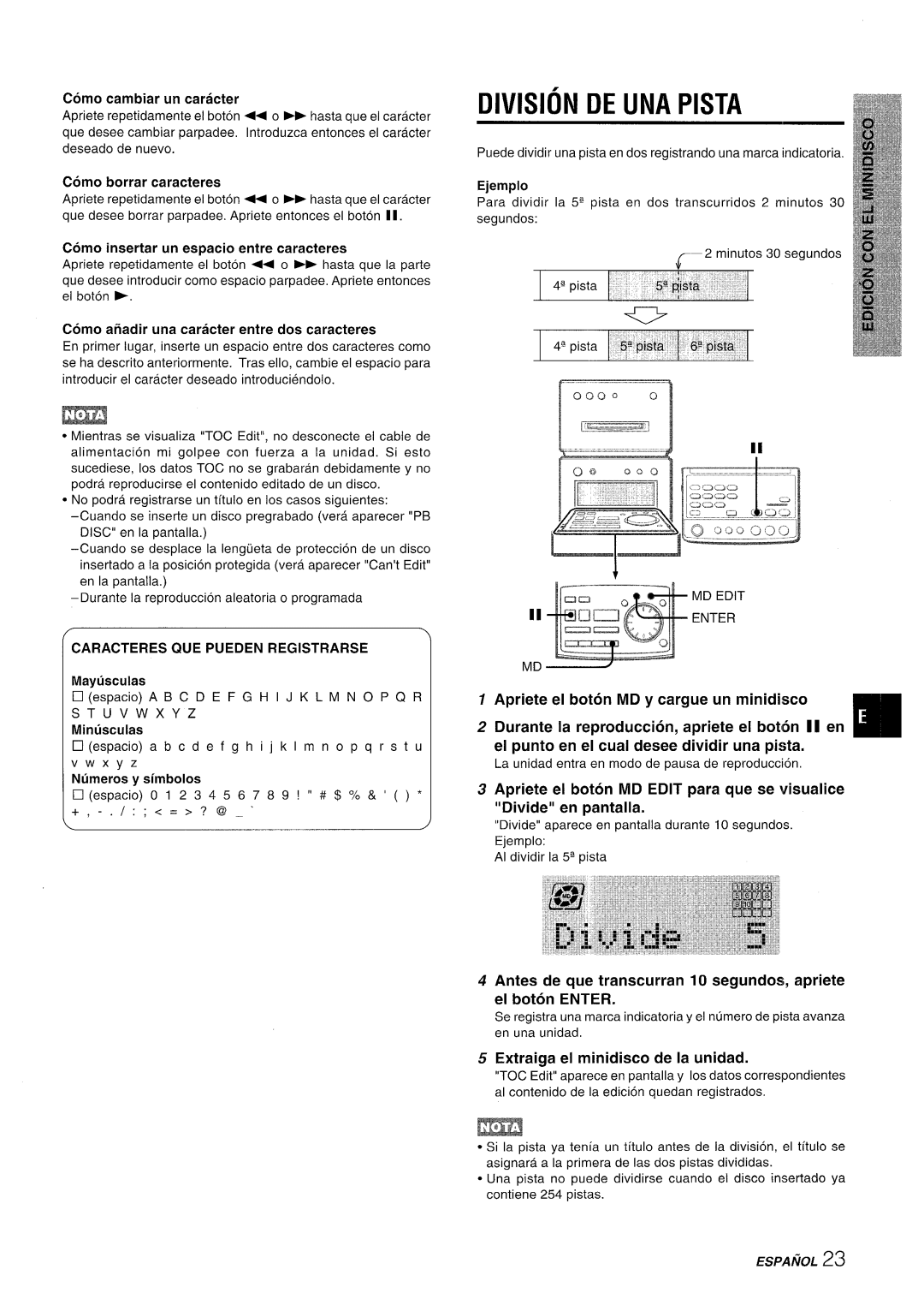 Aiwa XR-MD95 manual Division DE UNA Pista, Como insertar un espacio entre caracteres 