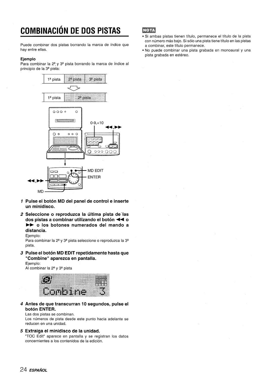 Aiwa XR-MD95 manual Combination DE DOS Pistas, Antes de que transcurran 10 segundos, pulse el boton Enter, 0000 