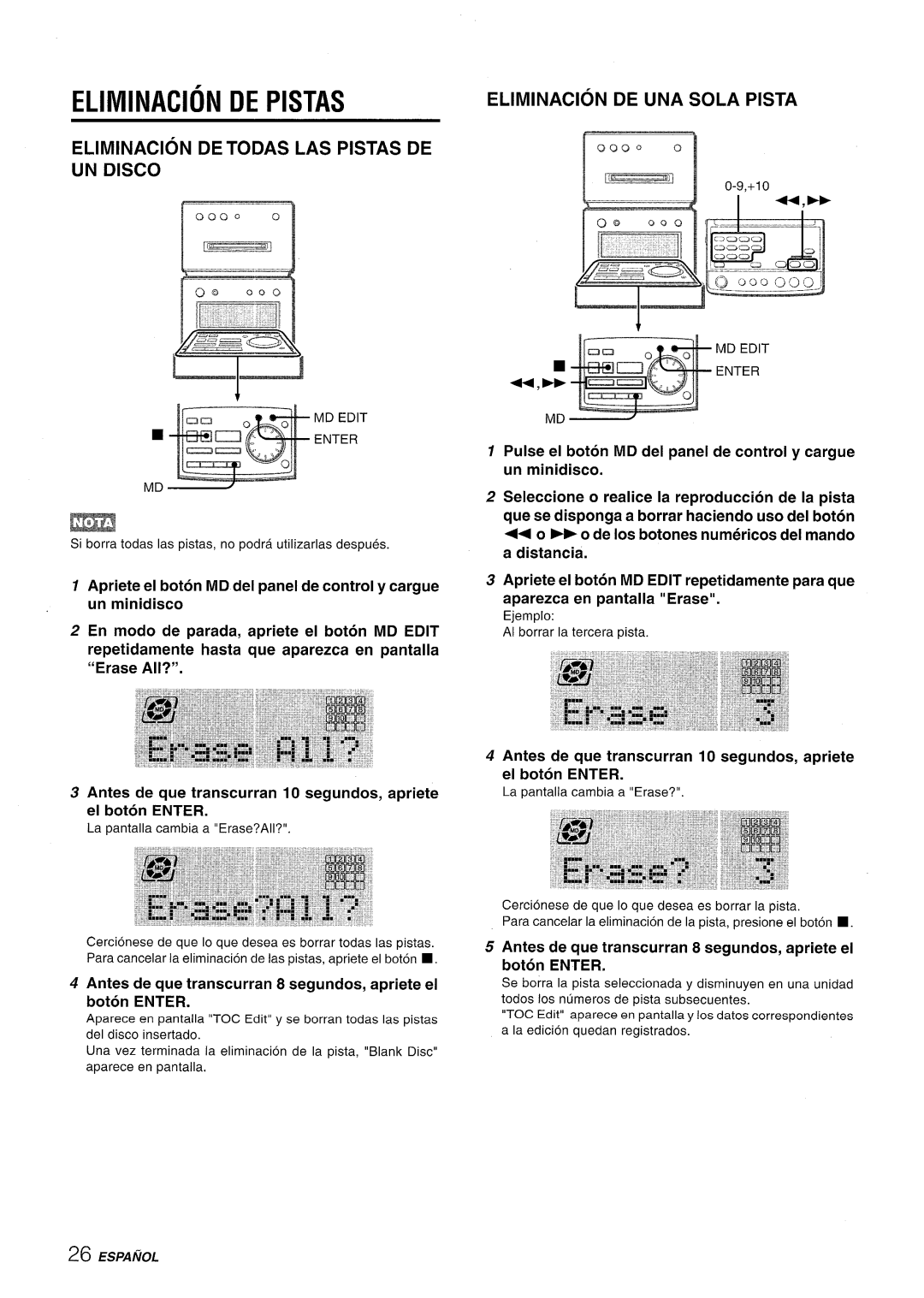 Aiwa XR-MD95 manual Elimination DE Pistas, Antes de que transcurran 8 segundos, apriete el boton Enter 