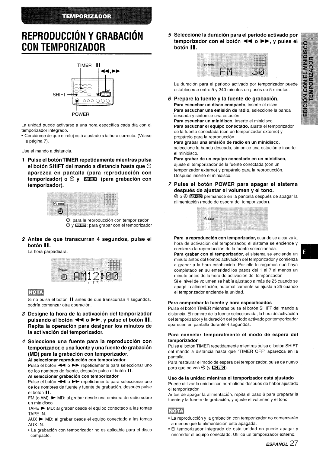 Aiwa XR-MD95 manual Reproduction Y Grabacion CON Temporizador, Antes de que transcurran 4 segundos, pulse el boton 