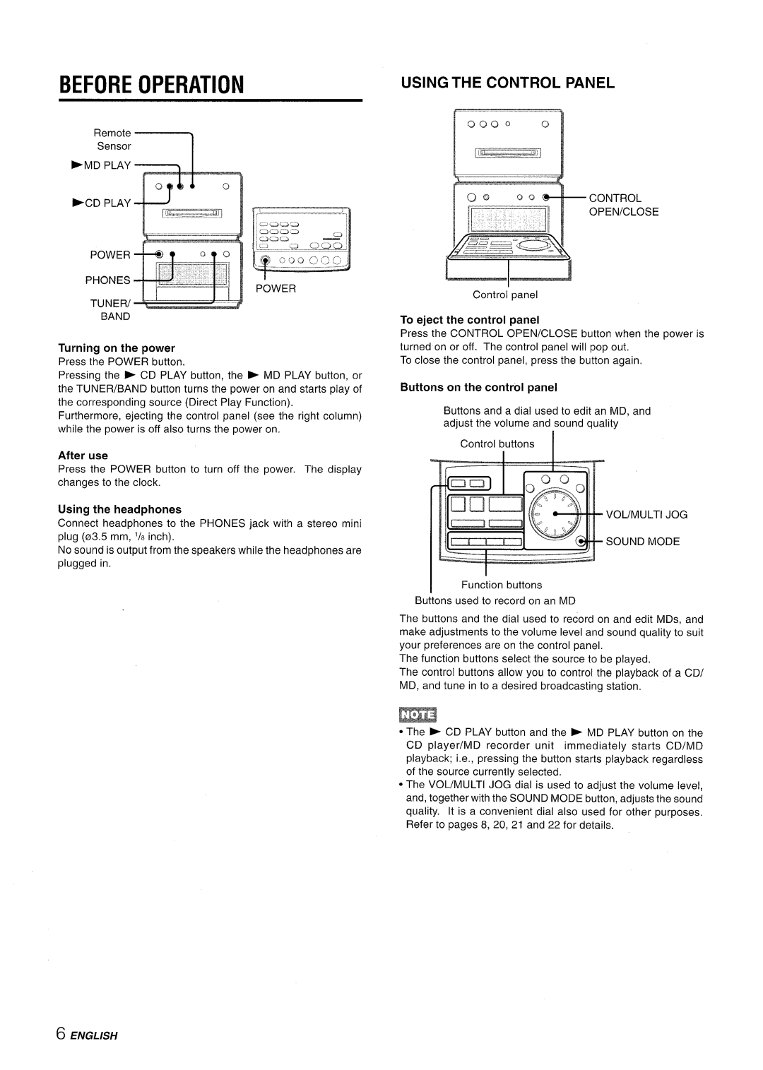 Aiwa XR-MD95 manual Before Operation, Using the Control Panel, Play Power Phones TUNER/ M Band, Sound Mode 