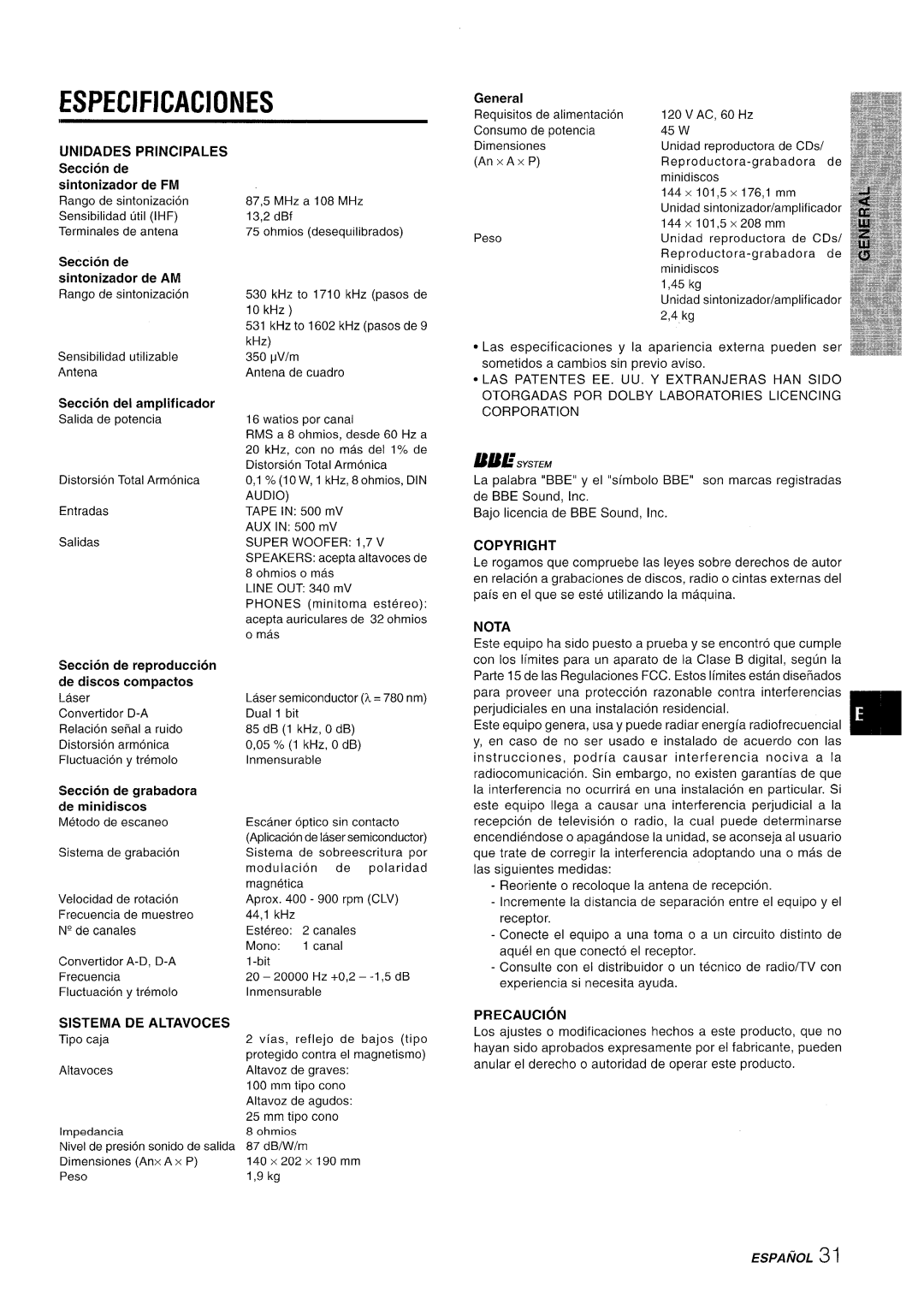 Aiwa XR-MD95 manual Especificaciones 