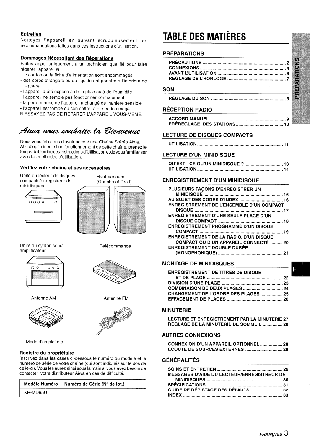 Aiwa XR-MD95 manual Table DES Matieres 