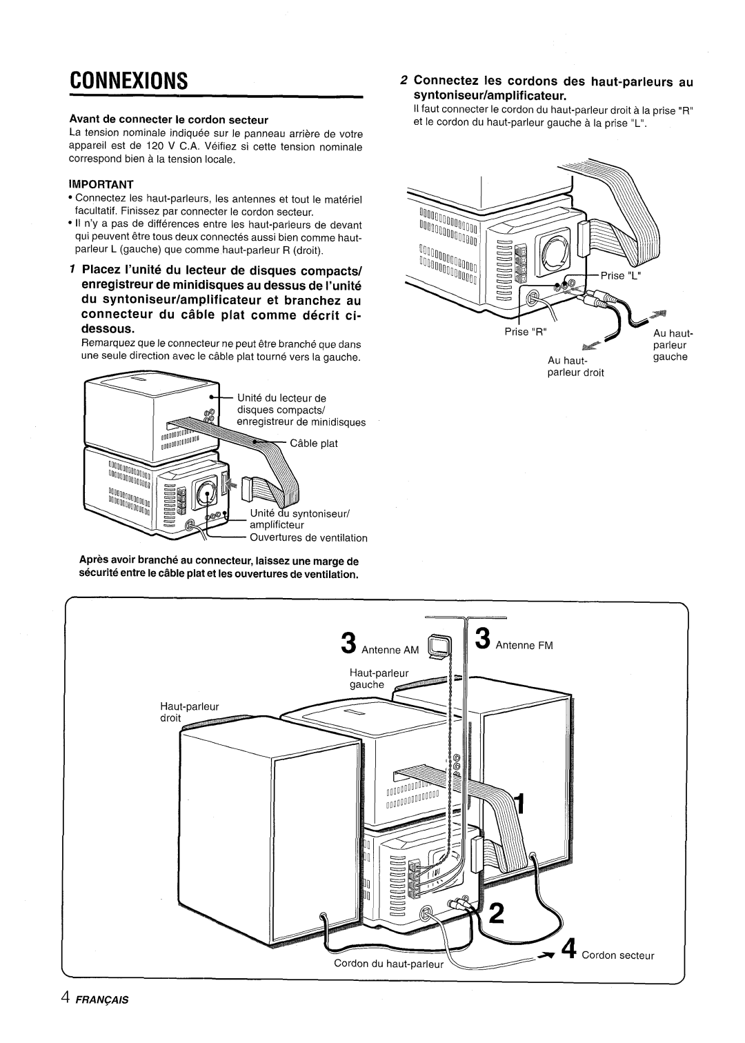 Aiwa XR-MD95 manual Connexions, Avant de connecter Ie cordon secteur, ~.nitedulecteurde 