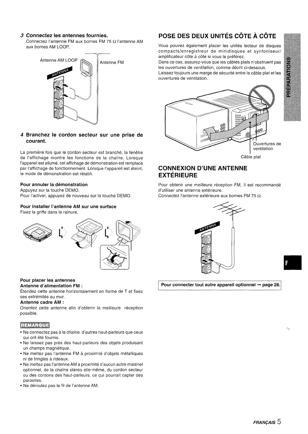 Aiwa XR-MD95 manual Pose DES Deux Unites Cote a Cote, Connexion D’UNE Antenne Exterieure, Connectez Ies antennes fournies 