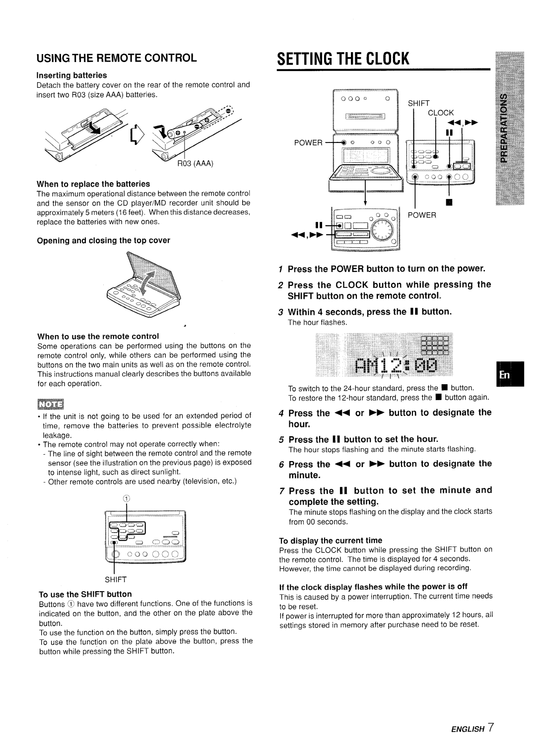 Aiwa XR-MD95 manual Setting the Clock, Opening and closing the top cover, To display the current time, Shift 