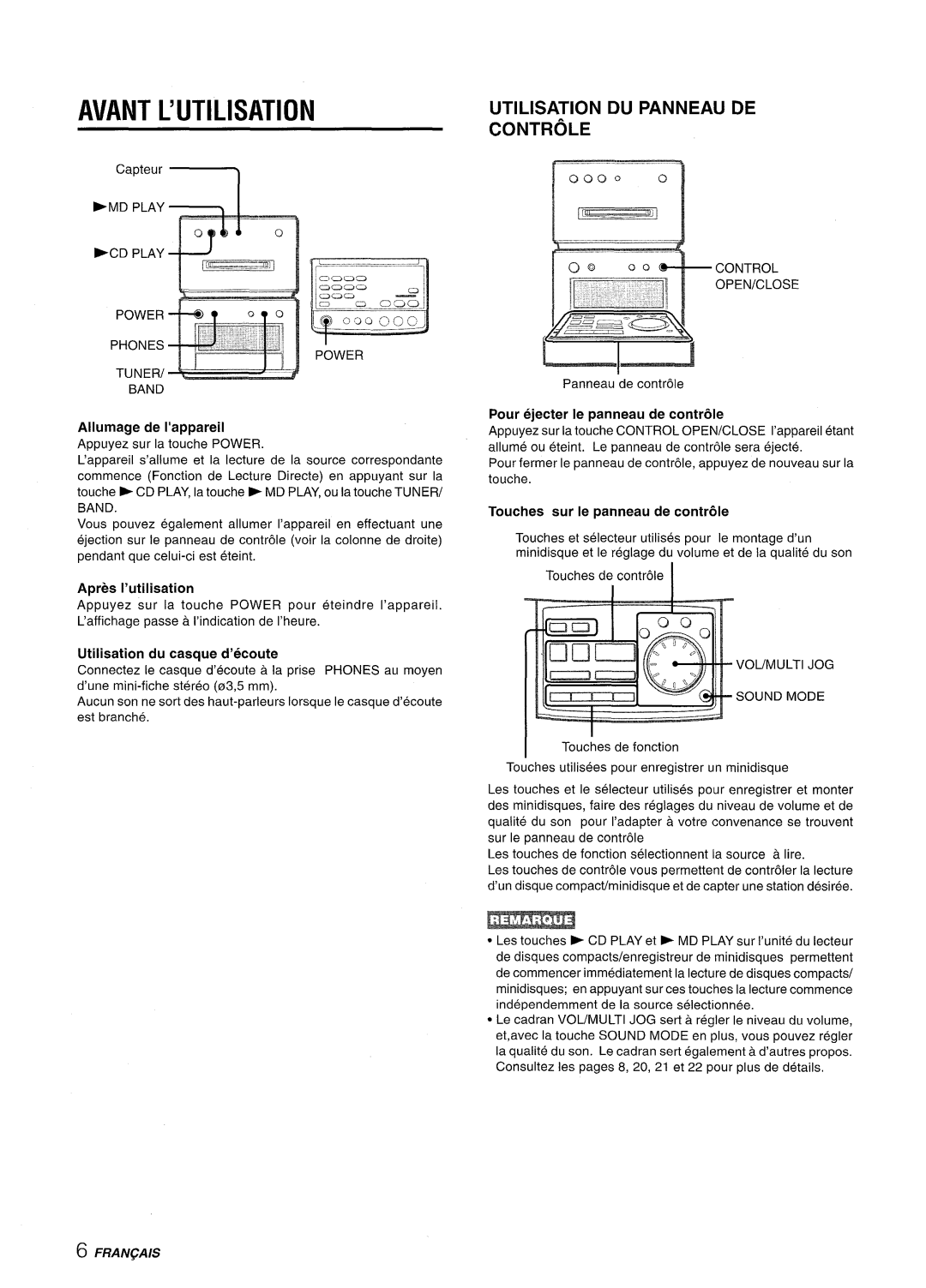 Aiwa XR-MD95 manual Avant L’UTILISATION, Utilisa ‘ION DU Panneau DE Contr LE, 00000 