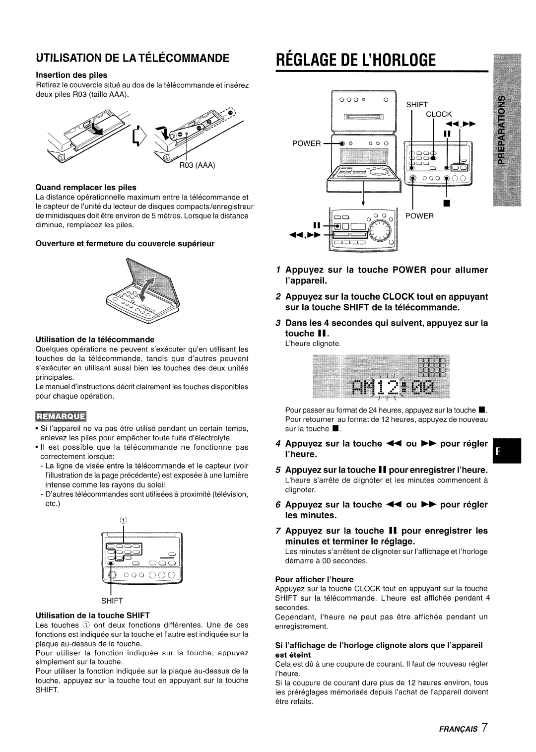 Aiwa XR-MD95 manual Reglage DE L’HORLOGE, Insertion des piles, Quand remplacer les piles, Utilisation de la touche Shift 