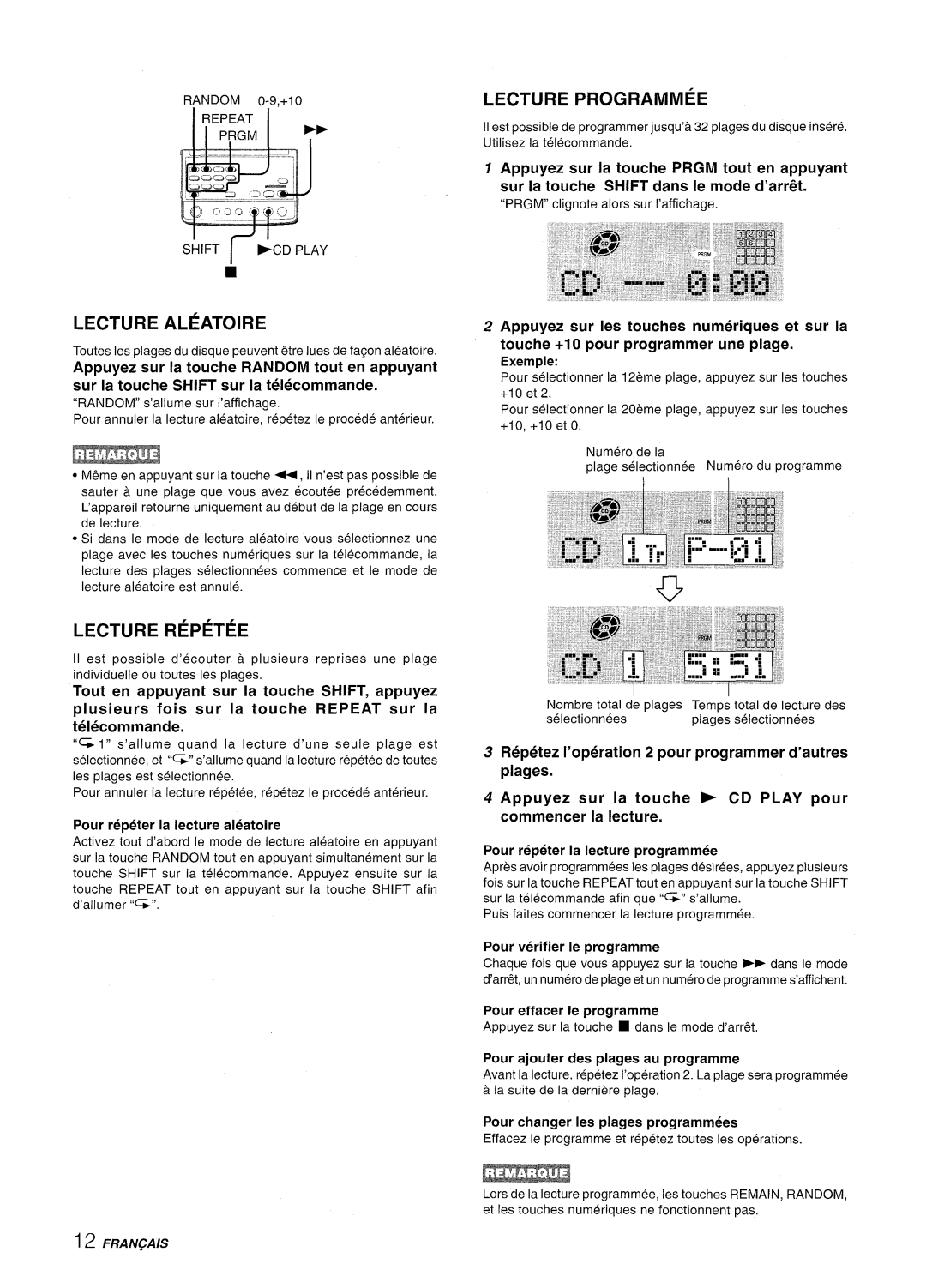 Aiwa XR-MD95 manual Lecture Aleatoire, Lecture Repetee, Lecture Programmed 