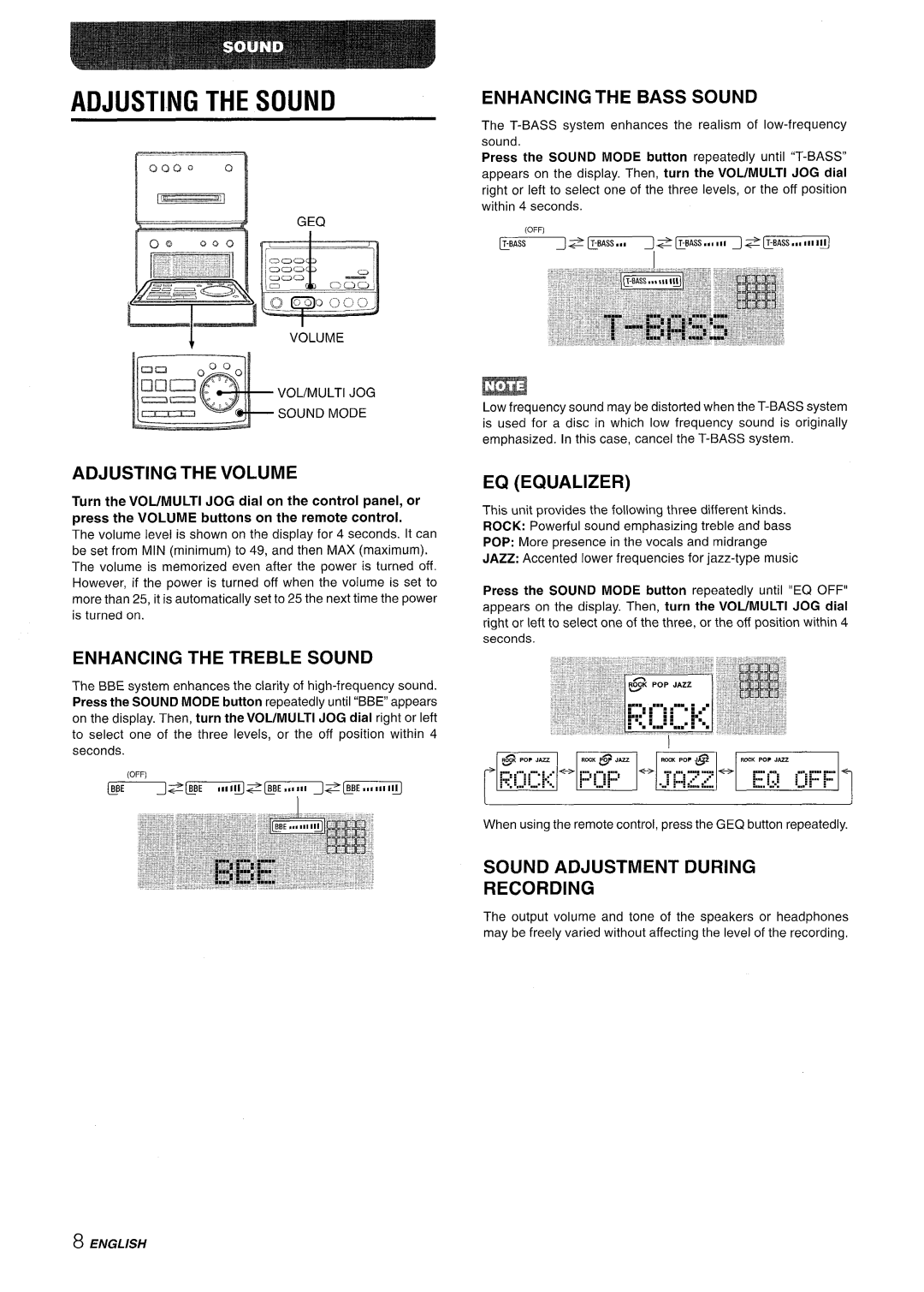 Aiwa XR-MD95 manual Adjusting the Sound 