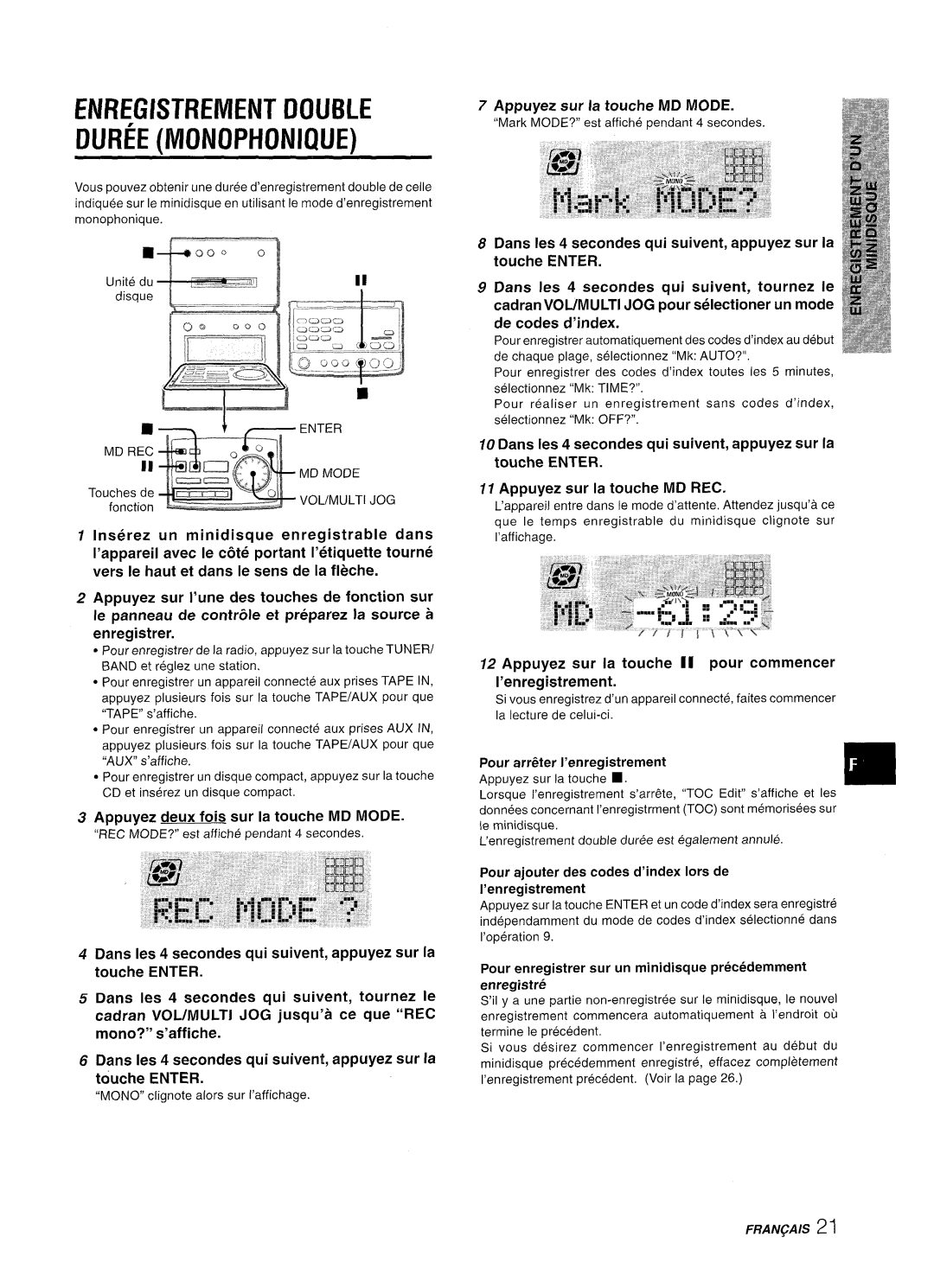 Aiwa XR-MD95 manual EIVREGKTF?EMENT Double DUR~E Monophonique, Appuyez deux fois sur la touche MD Mode 