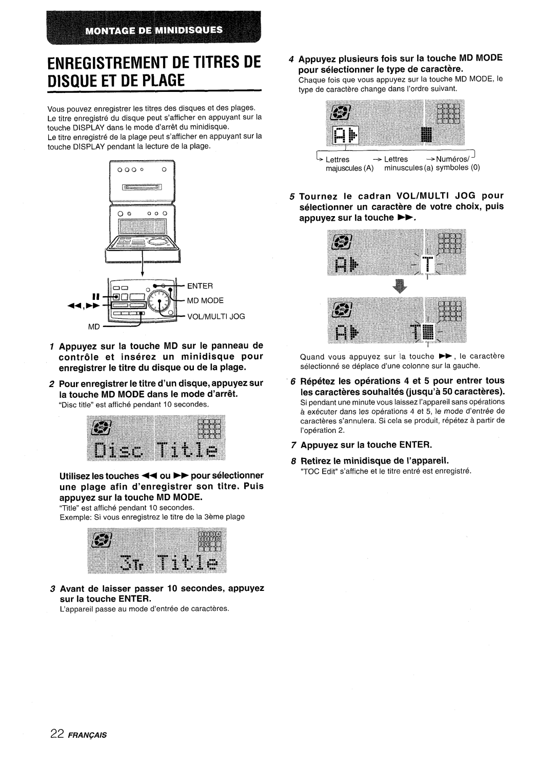 Aiwa XR-MD95 manual Enregistrement DE Titres DE Diwie ET DE Plage, Enter MD Mode Voumulti JOG 