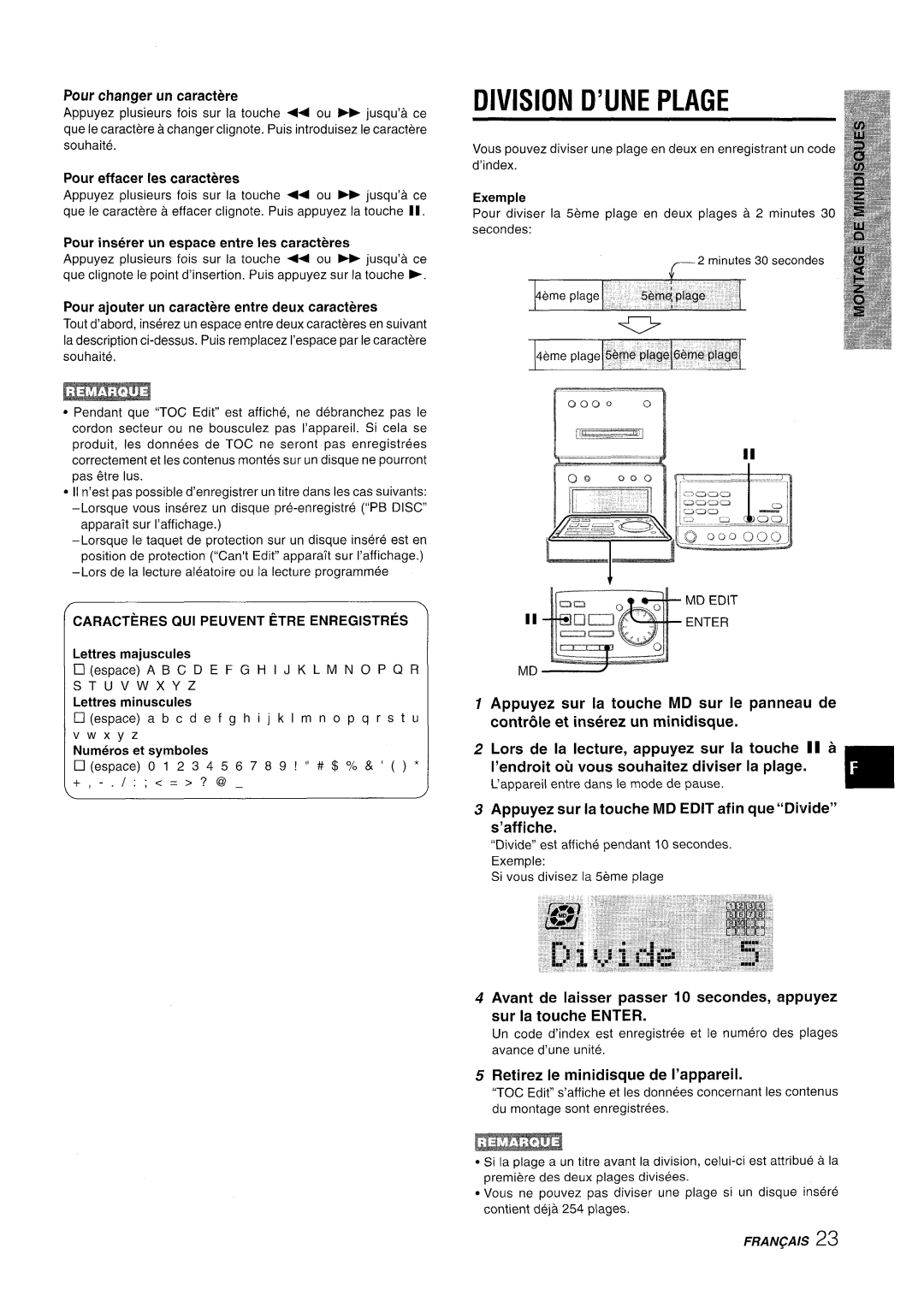 Aiwa XR-MD95 Division D’UNE Plage, Pour changer un caractere, Appuyez sur la touche MD Edit afin que Divide s’affiche 