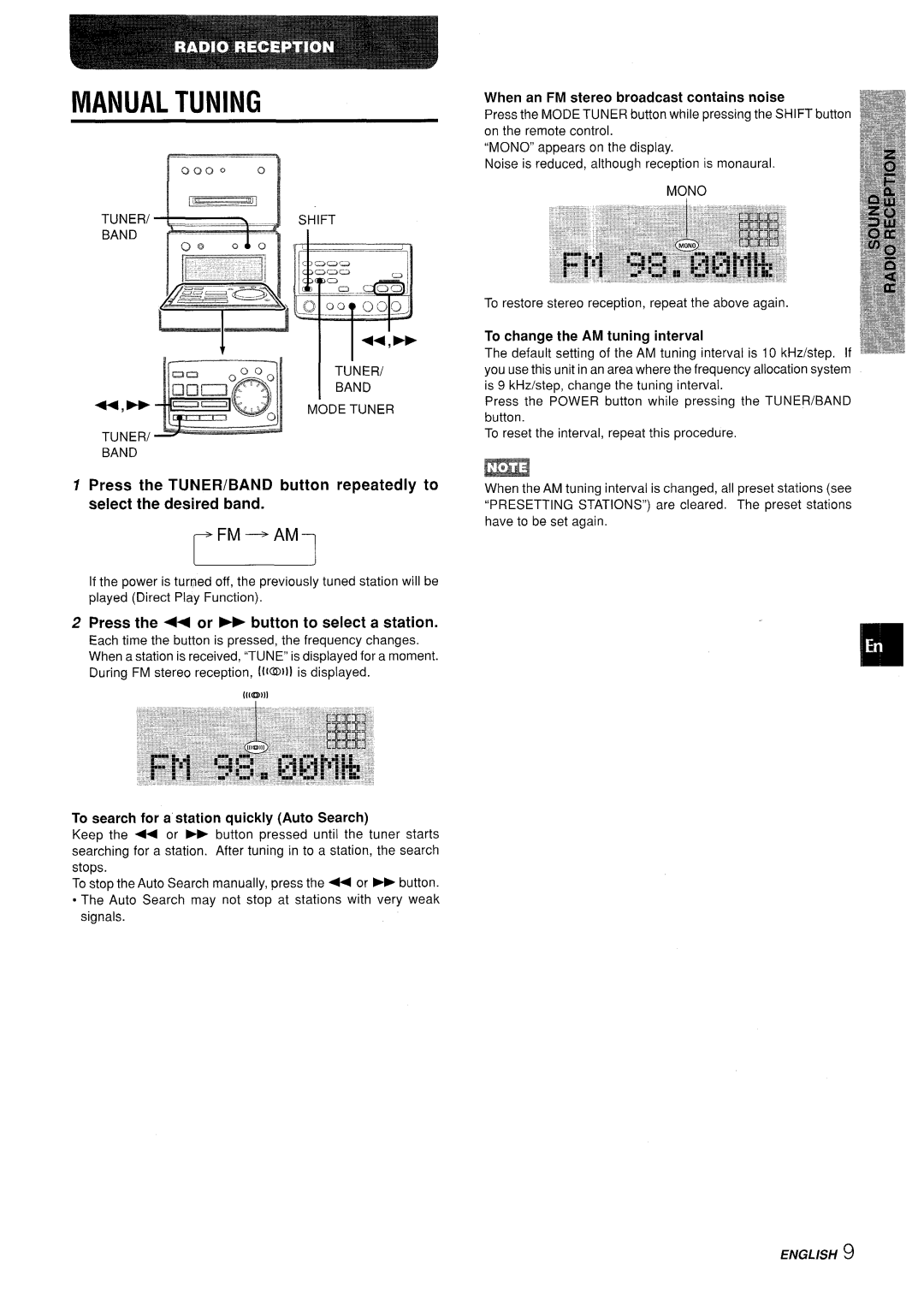 Aiwa XR-MD95 manual Manual Tuning, Press the ++ or button to select a station, When an FM stereo broadcast contains noise 